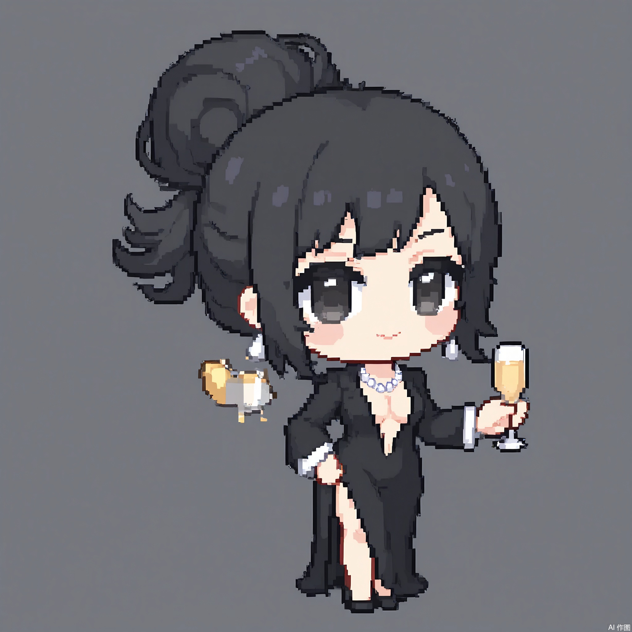 XSRW, Chibi-style drawing of a sophisticated lady with long, black hair in an updo and a pearl necklace. She is wearing a long, black evening gown with a slit up the side and high heels. She holds a glass of champagne in one hand and a clutch in the other. The background is plain white. The art style is pixel art with a simple, cute aesthetic. The lady has a refined, elegant smile and a confident posture.

