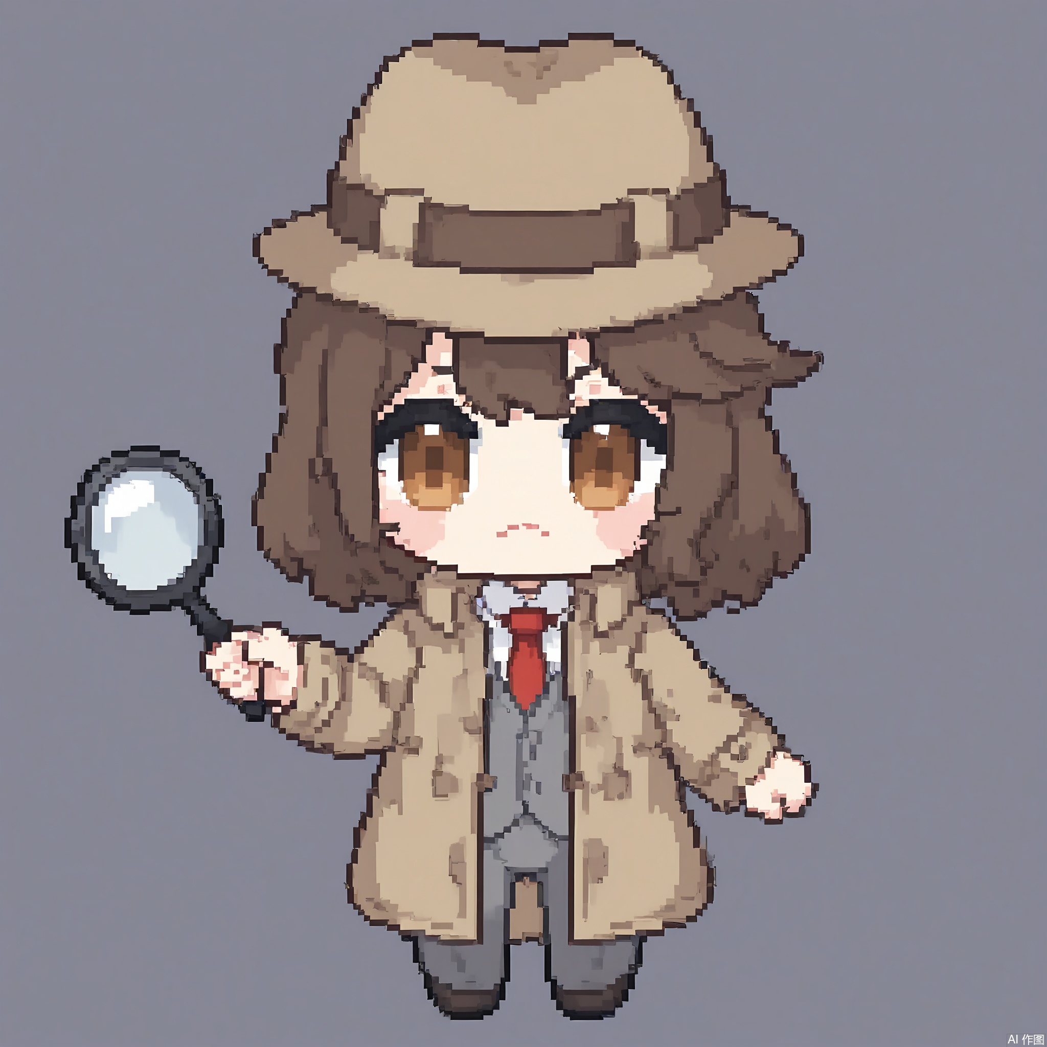 XSRW, Chibi-style drawing of a serious detective with a trench coat and a fedora. He is wearing a gray suit and holds a magnifying glass in one hand and a notebook in the other. The background is plain white. The art style is pixel art with a simple, cute aesthetic. The detective has a focused, analytical expression and a sharp, observant gaze.
