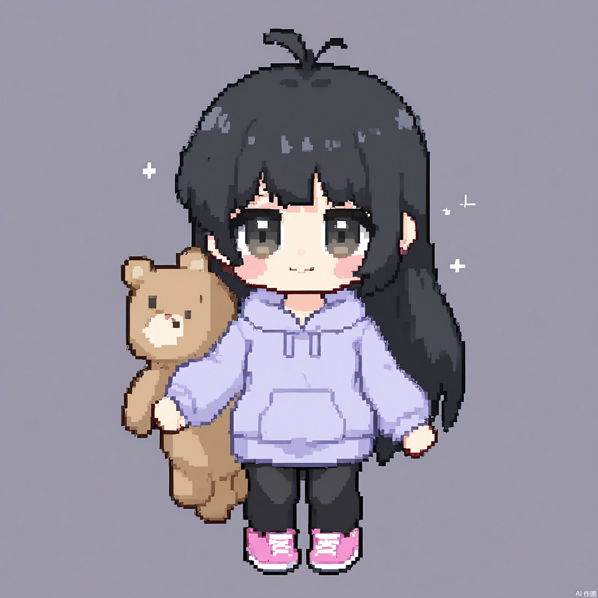 XSRW, Chibi-style drawing of a shy girl with long, black hair and bangs covering her eyes. She is wearing a light purple hoodie, black leggings, and pink sneakers. She holds a stuffed animal in one arm and a book in the other hand. The background is plain white. The art style is pixel art with a simple, cute aesthetic. The girl has a soft, timid smile and a blush on her cheeks.
