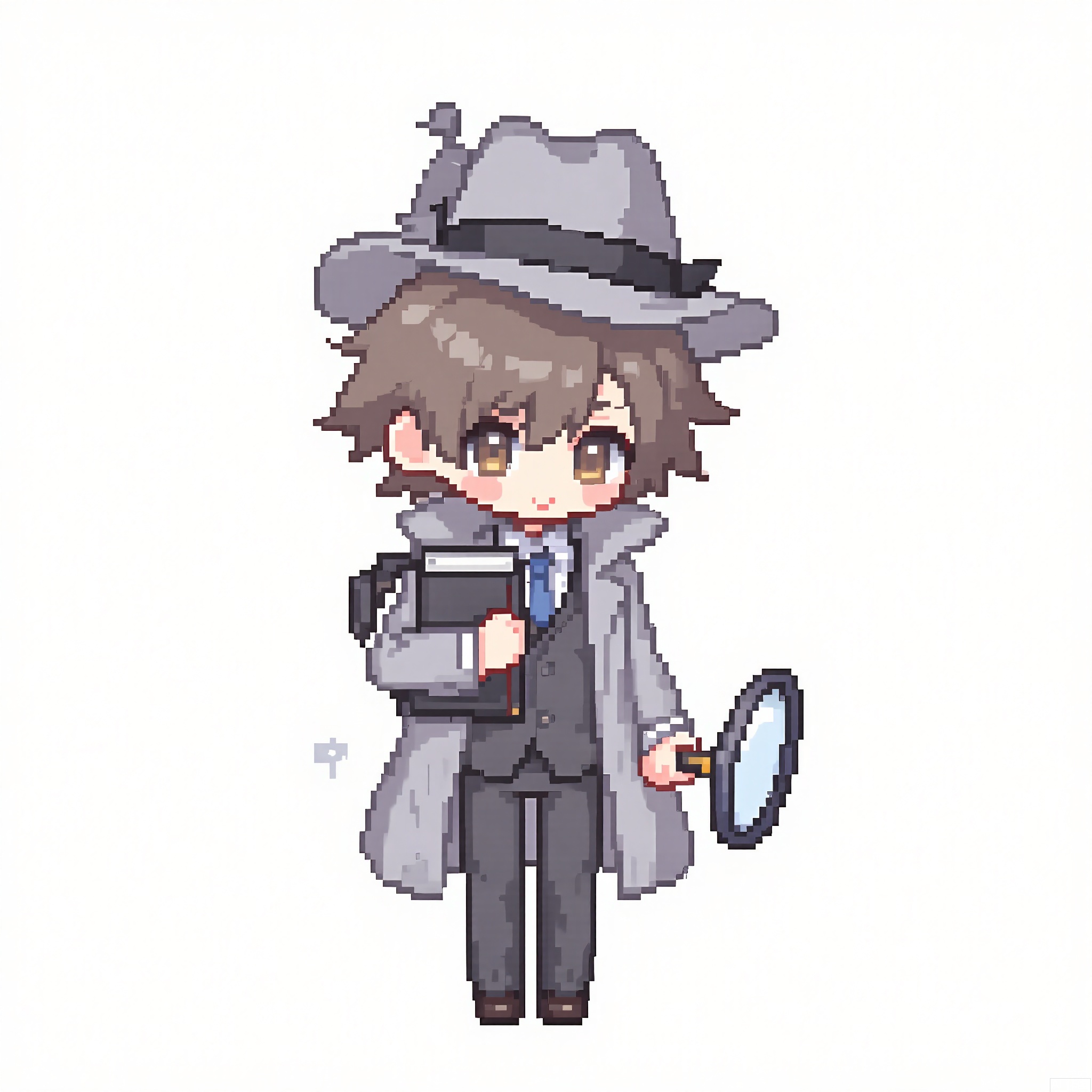 XSRW, Chibi-style drawing of a serious detective with a trench coat and a fedora. He is wearing a gray suit and holds a magnifying glass in one hand and a notebook in the other. The background is plain white. The art style is pixel art with a simple, cute aesthetic. The detective has a focused, analytical expression and a sharp, observant gaze.
