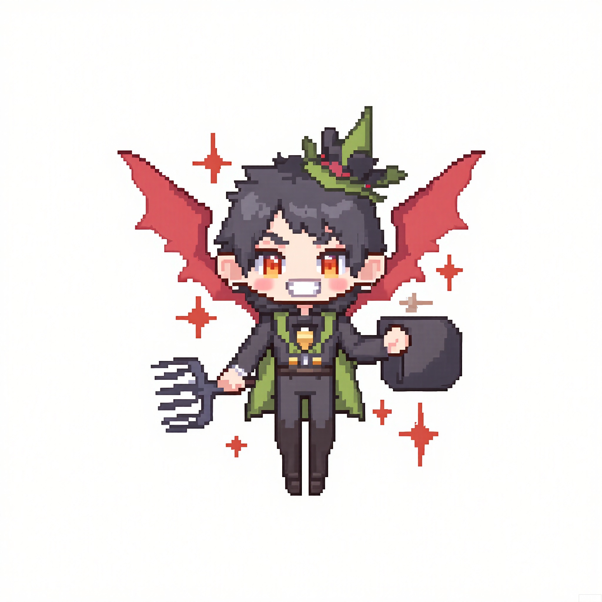 XSRW, Chibi-style drawing of a mischievous imp with small, red wings and a pointed tail. He is wearing a green and black outfit with a small hat. He holds a pitchfork in one hand and a bag of tricks in the other. The background is plain white. The art style is pixel art with a simple, cute aesthetic. The imp has a grinning face and mischievous, glowing eyes.
