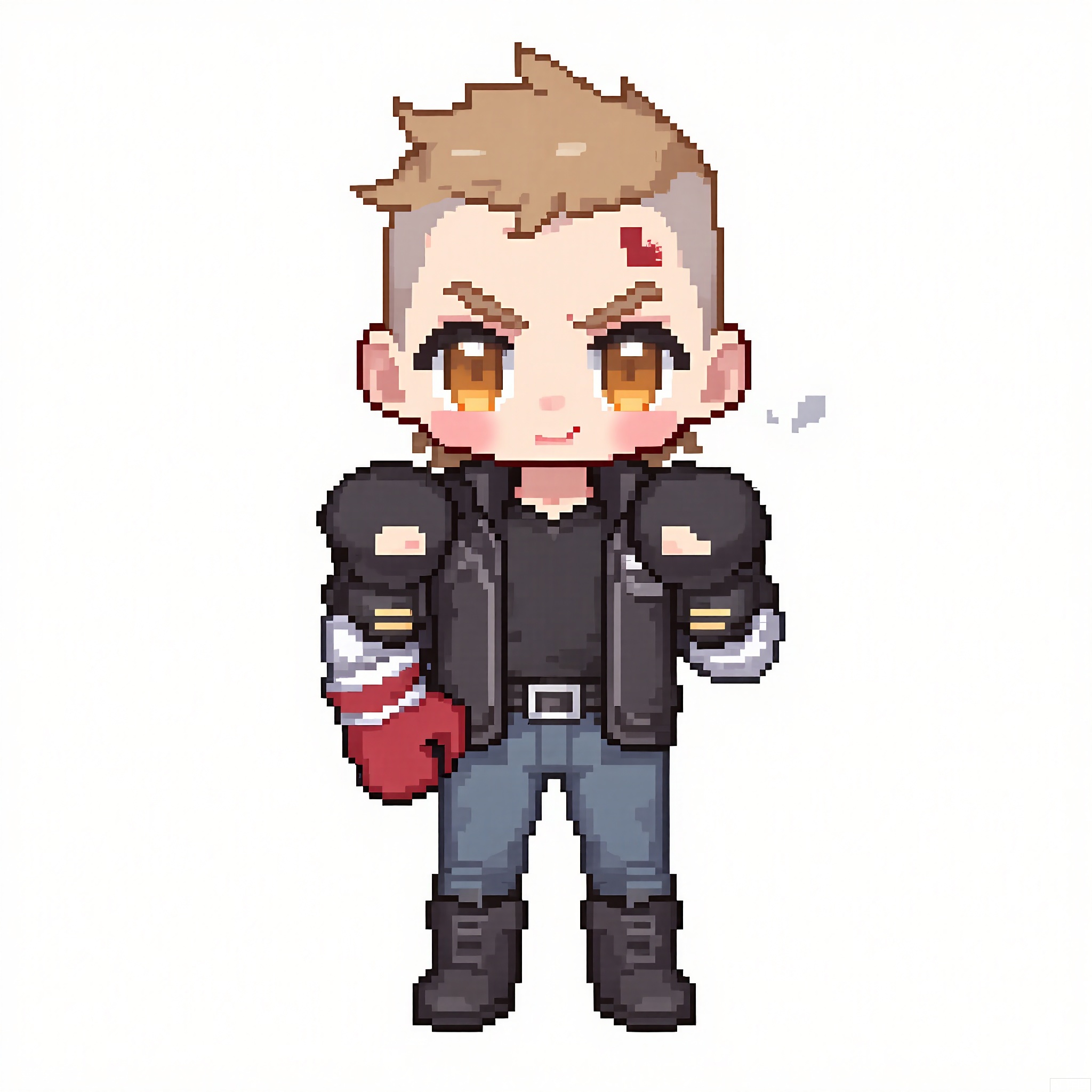XSRW, Chibi-style drawing of a tough guy with a buzz cut and a scar on his cheek. He is wearing a black leather jacket, jeans, and combat boots. He holds a pair of boxing gloves in his hands. The background is plain white. The art style is pixel art with a simple, cute aesthetic. The guy has a determined look and a clenched jaw.
