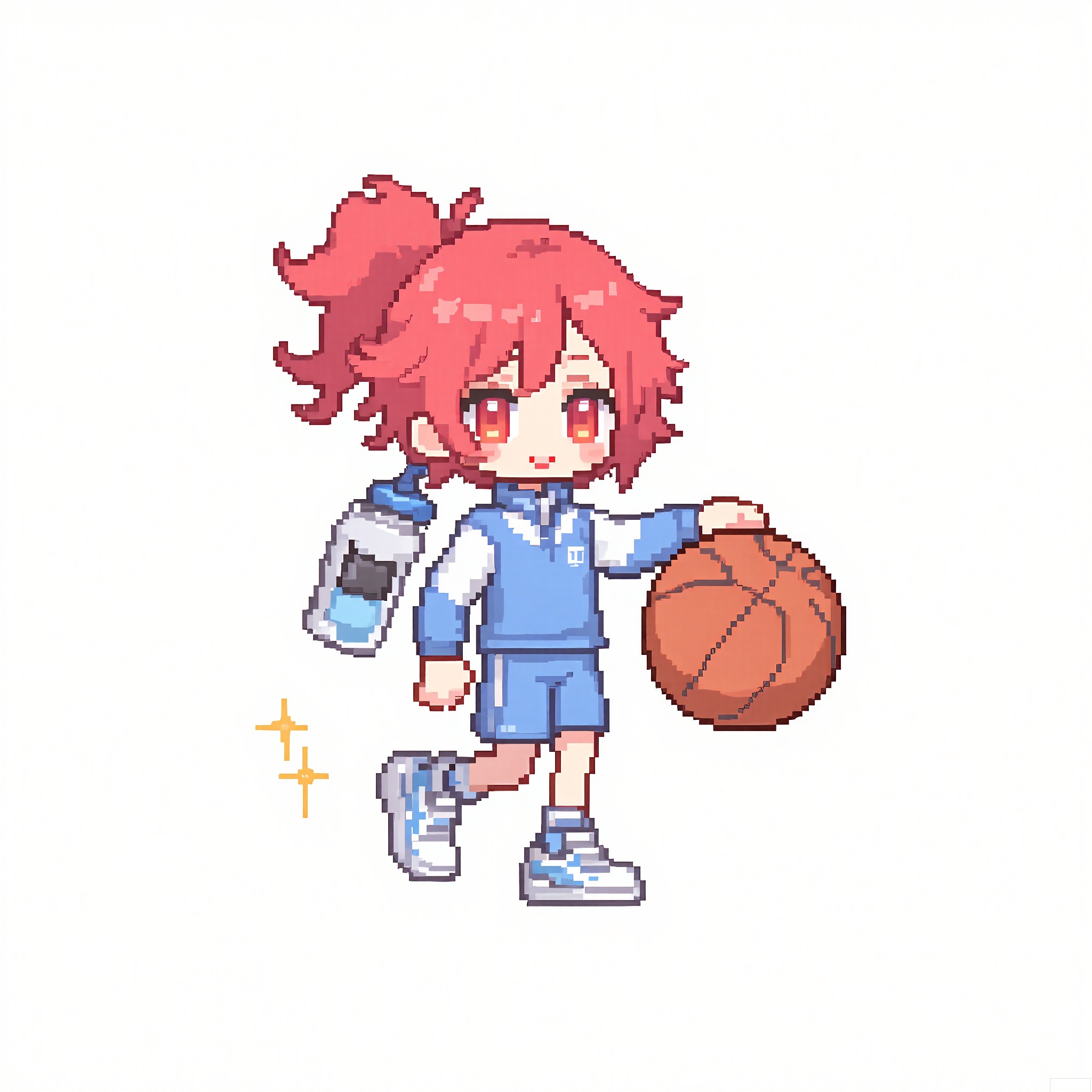 XSRW, Chibi-style drawing of a sporty girl with a ponytail and bright red hair. She is wearing a blue and white track suit with running shoes. She holds a basketball in one hand and a water bottle in the other. The background is plain white. The art style is pixel art with a simple, cute aesthetic. The girl has a determined, focused expression and a determined stride.
