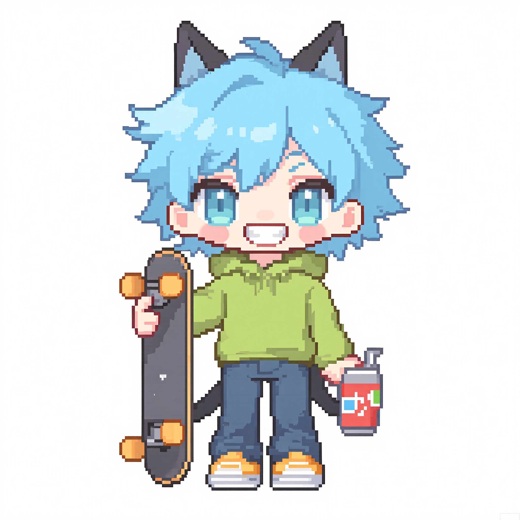 XSRW, Chibi-style drawing of a cheerful boy with short, spiky blue hair and cat ears. He is wearing a bright green hoodie, navy blue jeans, and yellow sneakers. He holds a skateboard in one hand and a can of soda in the other. The background is plain white. The art style is pixel art with a simple, cute aesthetic. The boy has a big, toothy grin and mischievous eyes.

