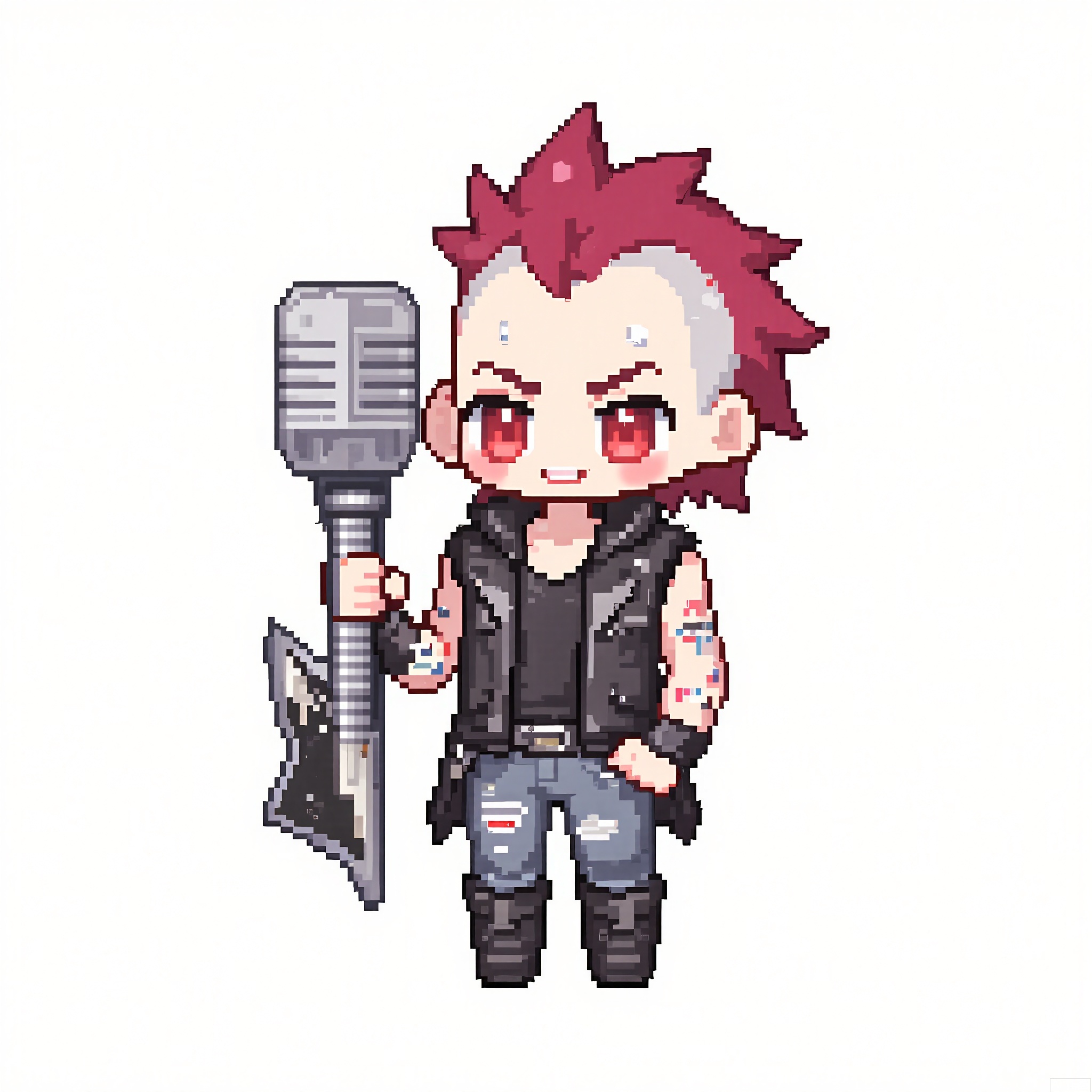 XSRW, Chibi-style drawing of a punk rocker with a mohawk and multiple piercings. He is wearing a black leather vest, ripped jeans, and combat boots. He holds an electric guitar in one hand and a microphone in the other. The background is plain white. The art style is pixel art with a simple, cute aesthetic. The punk rocker has a rebellious, energetic expression and a wild, untamed look.

