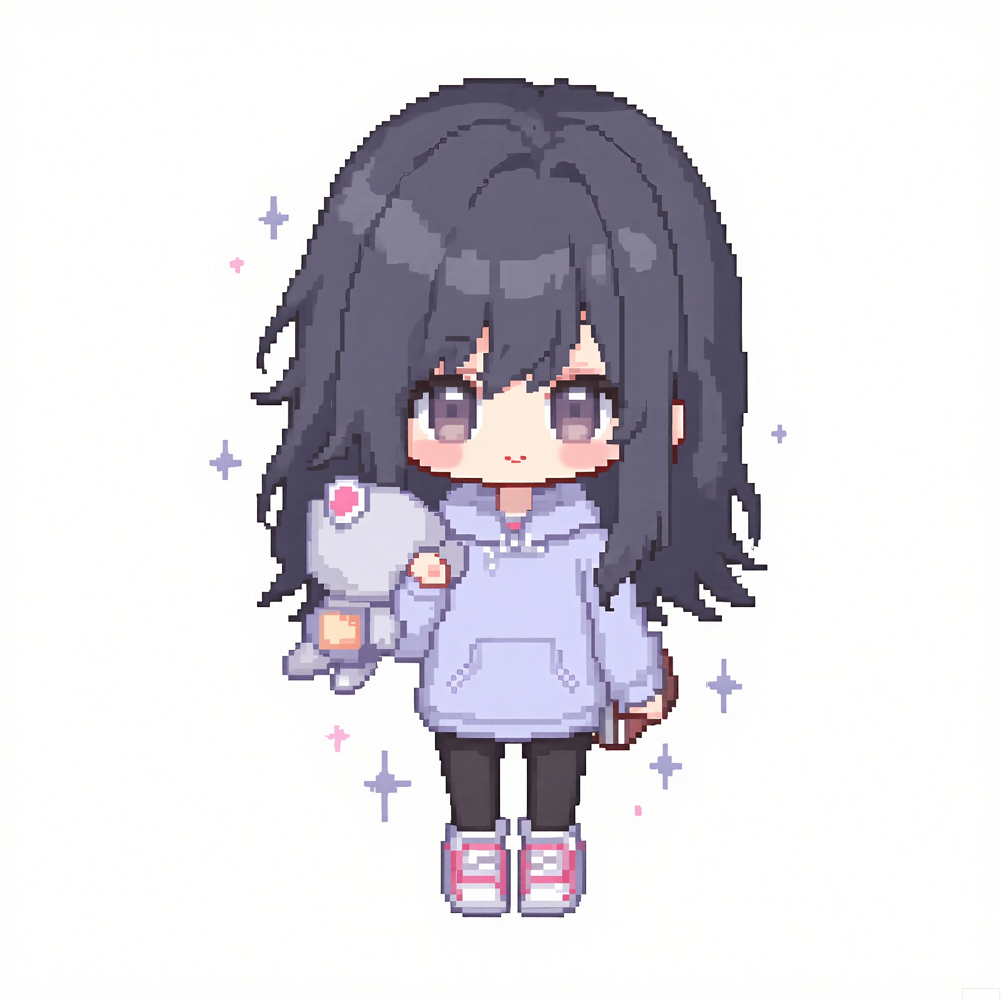 XSRW, Chibi-style drawing of a shy girl with long, black hair and bangs covering her eyes. She is wearing a light purple hoodie, black leggings, and pink sneakers. She holds a stuffed animal in one arm and a book in the other hand. The background is plain white. The art style is pixel art with a simple, cute aesthetic. The girl has a soft, timid smile and a blush on her cheeks.
