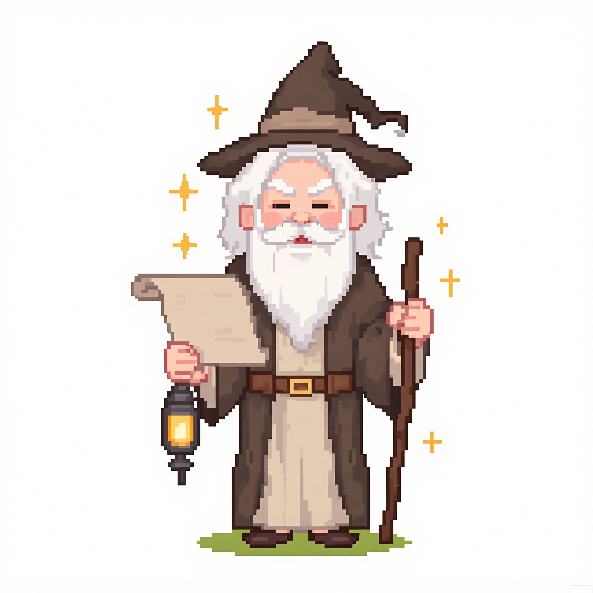 XSRW, Chibi-style drawing of a wise old man with a long, white beard and a pointy hat. He is wearing a brown robe with a belt and a staff. He holds a scroll in one hand and a lantern in the other. The background is plain white. The art style is pixel art with a simple, cute aesthetic. The old man has a kind, understanding smile and wise, twinkling eyes.
