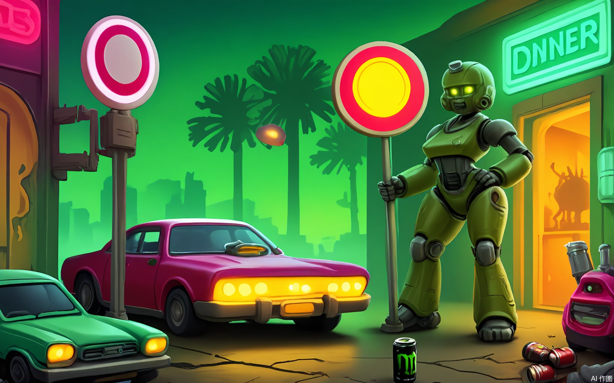 OKCJ, A gritty digital scene of a post-apocalyptic diner in cartoon style, bathed in radioactive green twilight. Rusted cars surround a neon "EATS" sign flickering above a cracked jukebox. A robot waitress polishes a countertop littered with energy drink cans, while a geiger counter ticks ominously in the background.
