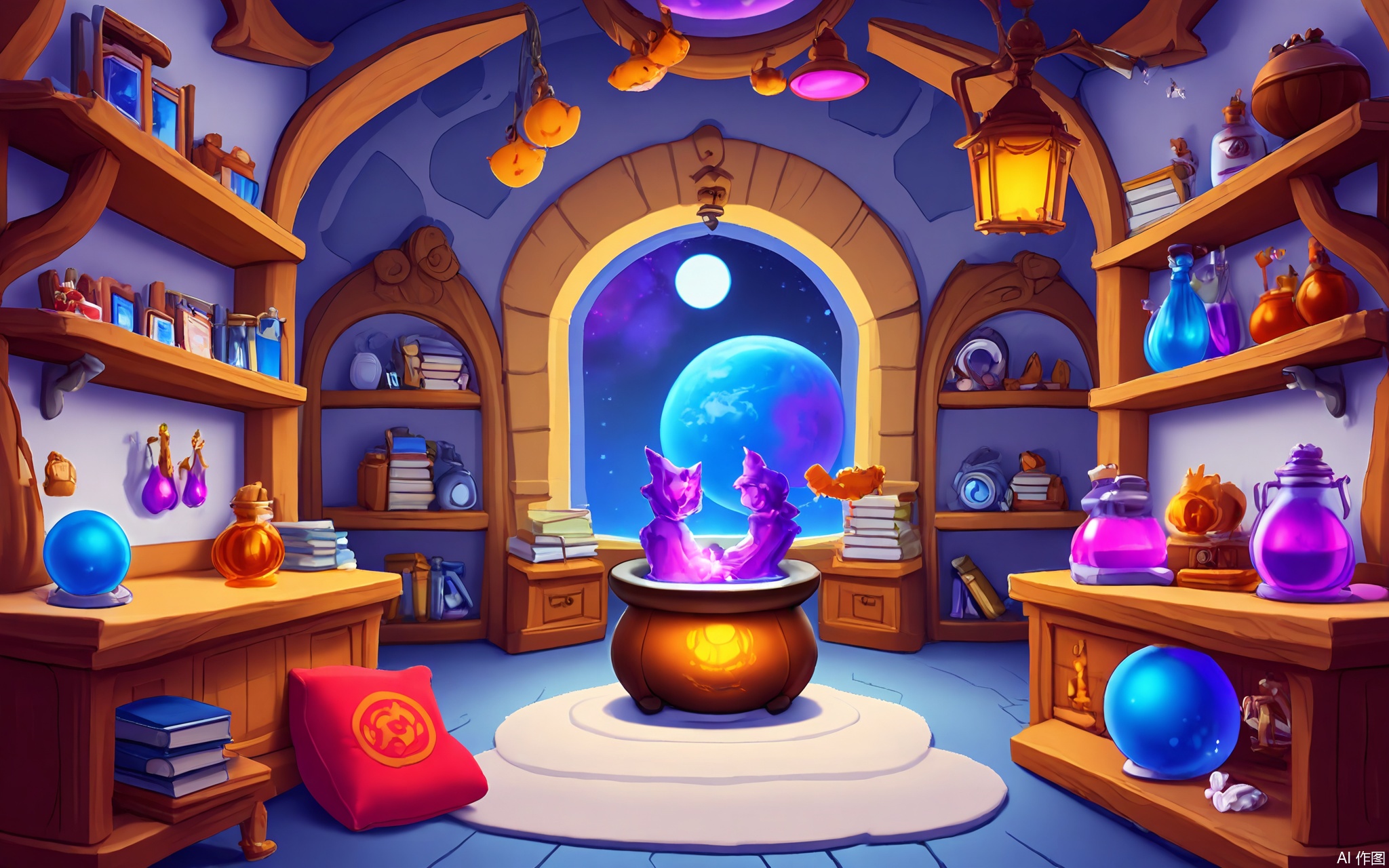 OKCJ, A magical digital illustration of a floating wizard's workshop in cartoon style, orbiting a candy-colored planet. Shelves hold glowing potion bottles and spellbooks, while a cauldron bubbles with stardust. A crystal ball shows a distant galaxy, and a familiar owl naps on a moon-shaped cushion.
