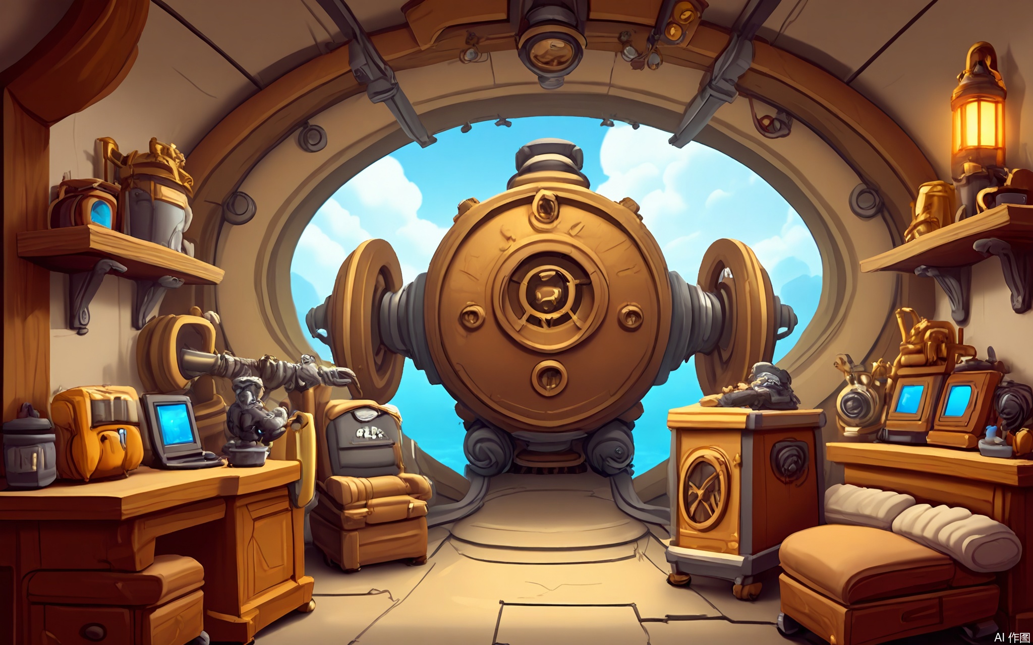 OKCJ, A bustling digital illustration of a steampunk airship interior in cartoon style, flooded with copper-toned gaslight. Gear-laden control panels surround a central brass engine, with goggled pilots adjusting pressure gauges. Luggage nets hold trunks and mechanical owls, while portholes reveal fluffy clouds outside. The air crackles with industrial energy.
