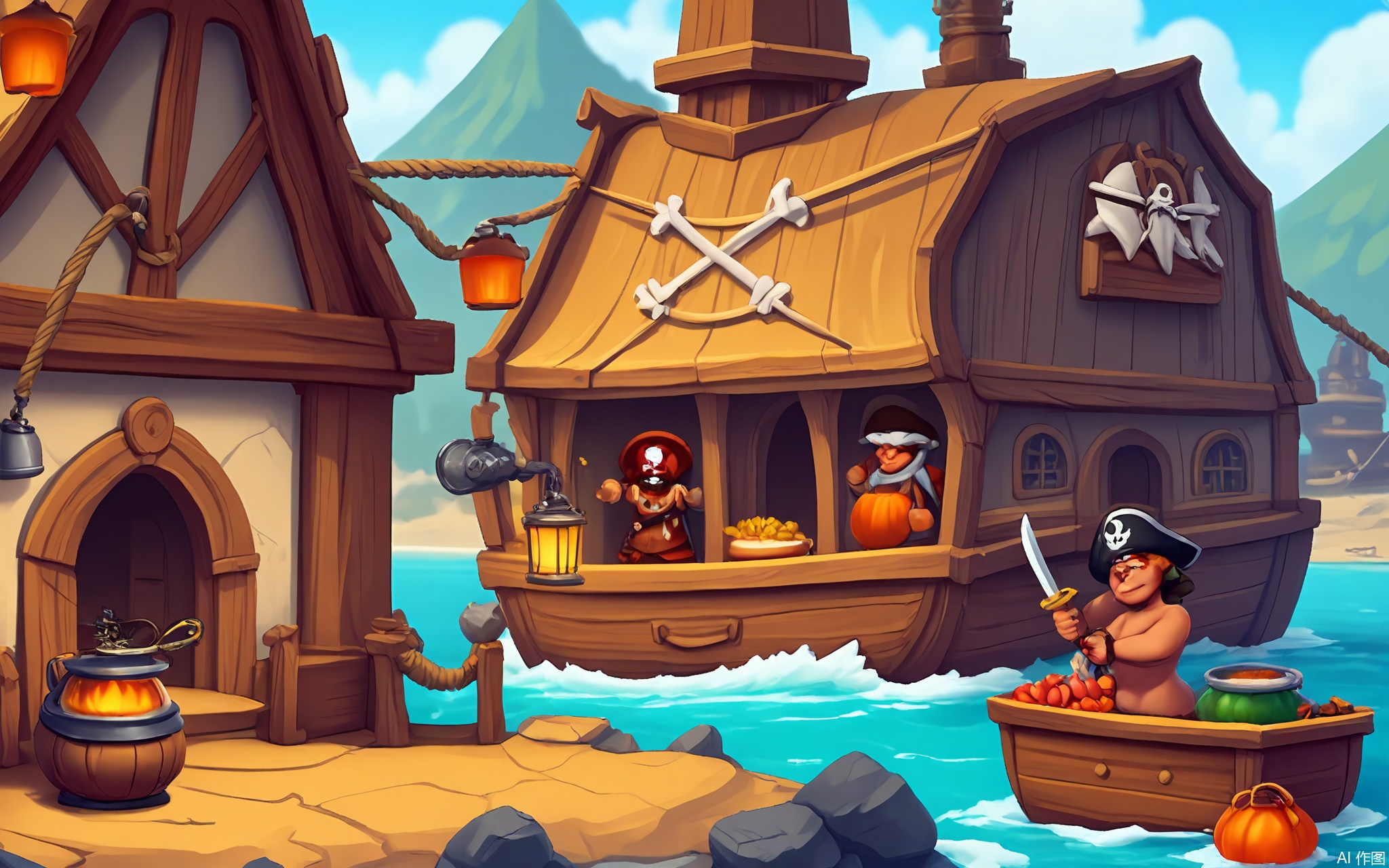 OKCJ, A chaotic digital scene of a pirate ship galley in cartoon style, listing violently during a storm. Rats scurry past a cooking cauldron bubbling with questionable stew, while the cook clings to a swaying lantern. Barrels of rum and swords clatter as waves crash through the portholes.
