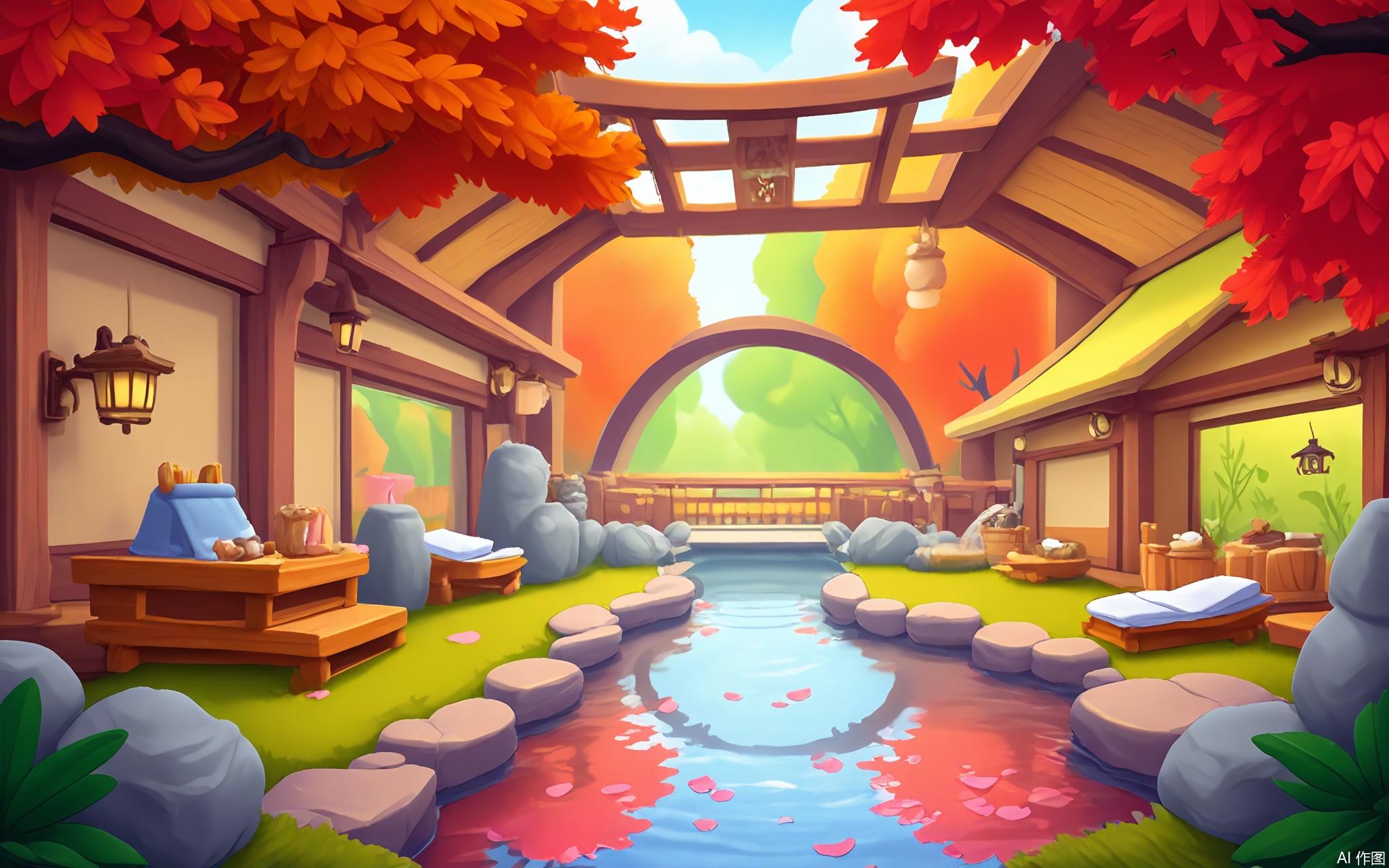OKCJ, A serene digital depiction of a Japanese-inspired hot springs garden in cartoon style, under cherry blossom petals. Stone lanterns line a bamboo path to a steaming onsen pool, where paper umbrellas float beside wooden buckets. A red arched bridge spans a koi pond, while maple leaves drift in the breeze.
