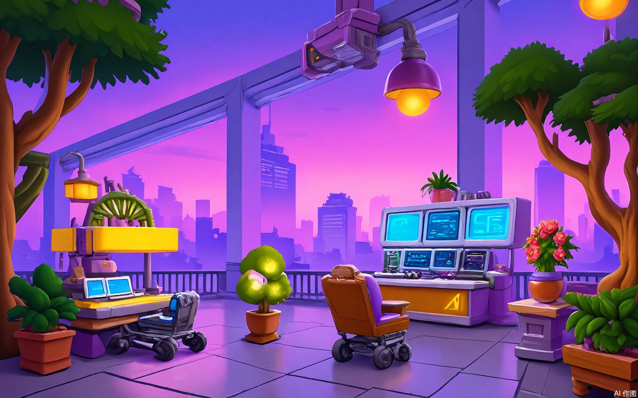 OKCJ, A dynamic digital rendering of a futuristic city rooftop garden in cartoon style, under neon-purple dusk. Hydroponic planters burst with glowing flora between solar-panel awnings. A hover-cart vendor sells neon smoothies beside a holographic chess table. Potted bonsai trees and floating drones complete the cyber-serene atmosphere.
