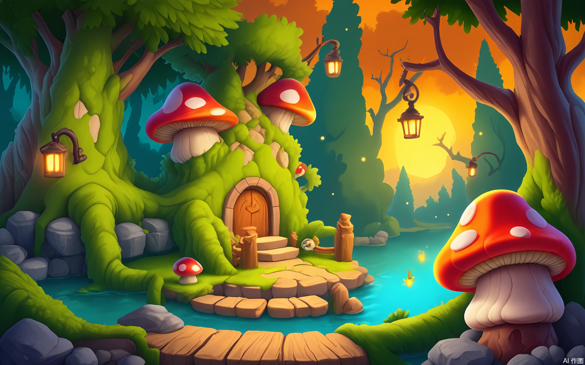 OKCJ, A whimsical digital illustration of an enchanted forest clearing in a cartoon style, bathed in golden twilight filtering through bioluminescent trees. The glen features a moss-covered stone altar, a glowing crystal pond, and twisted mushroom benches. A circle of ancient runestones surrounds a campfire, with floating lanterns and animal totems. The air shimmers with magical particles, creating an aura of mystical discovery.
