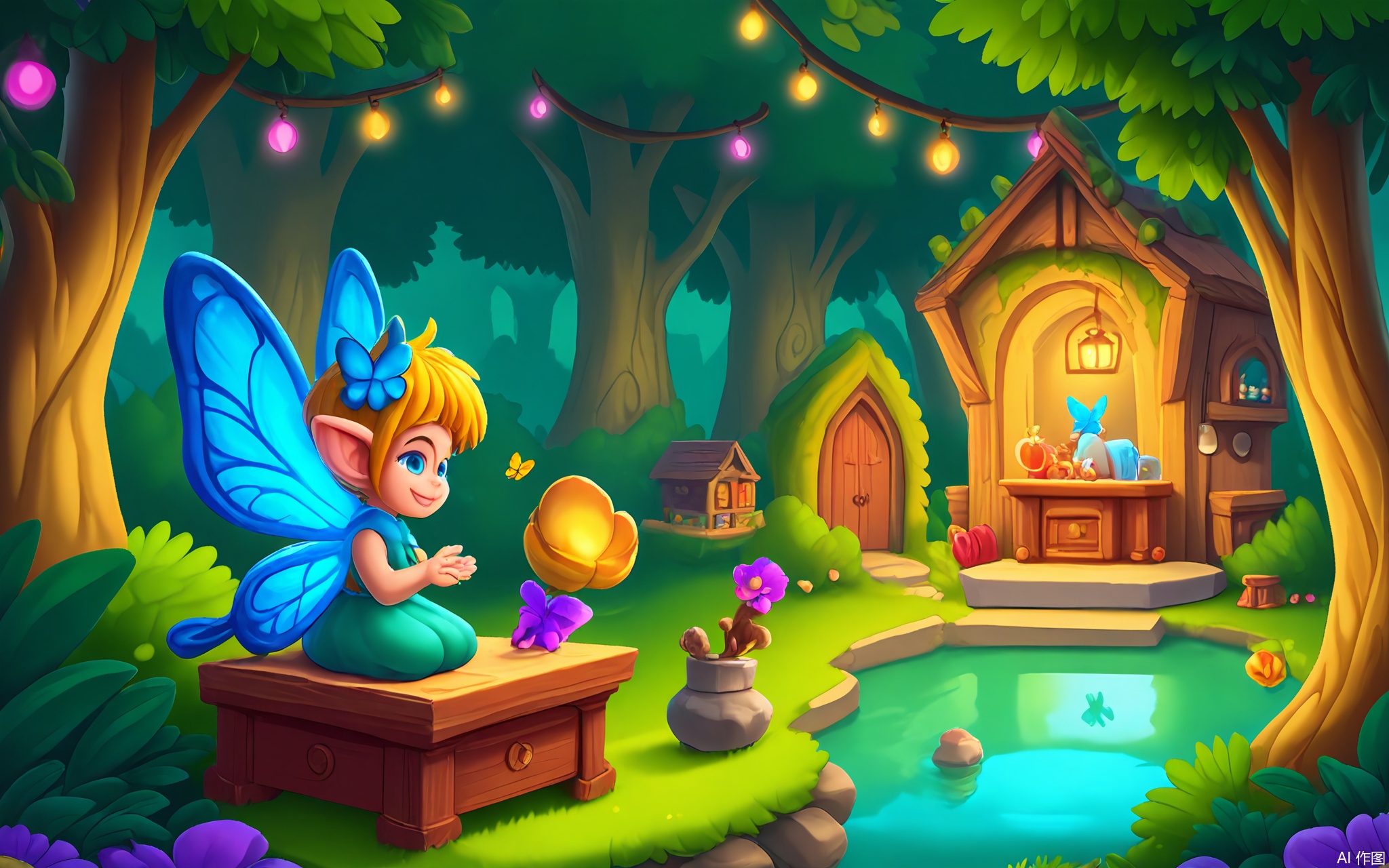 OKCJ, A magical digital illustration of a forest fairy workshop in cartoon style, hidden among giant toadstools. Twinkling fairy lights illuminate workbenches where miniature furniture is crafted from acorns. A glowing pond reflects a tiny village, while butterfly assistants sort pollen into glass jars.
