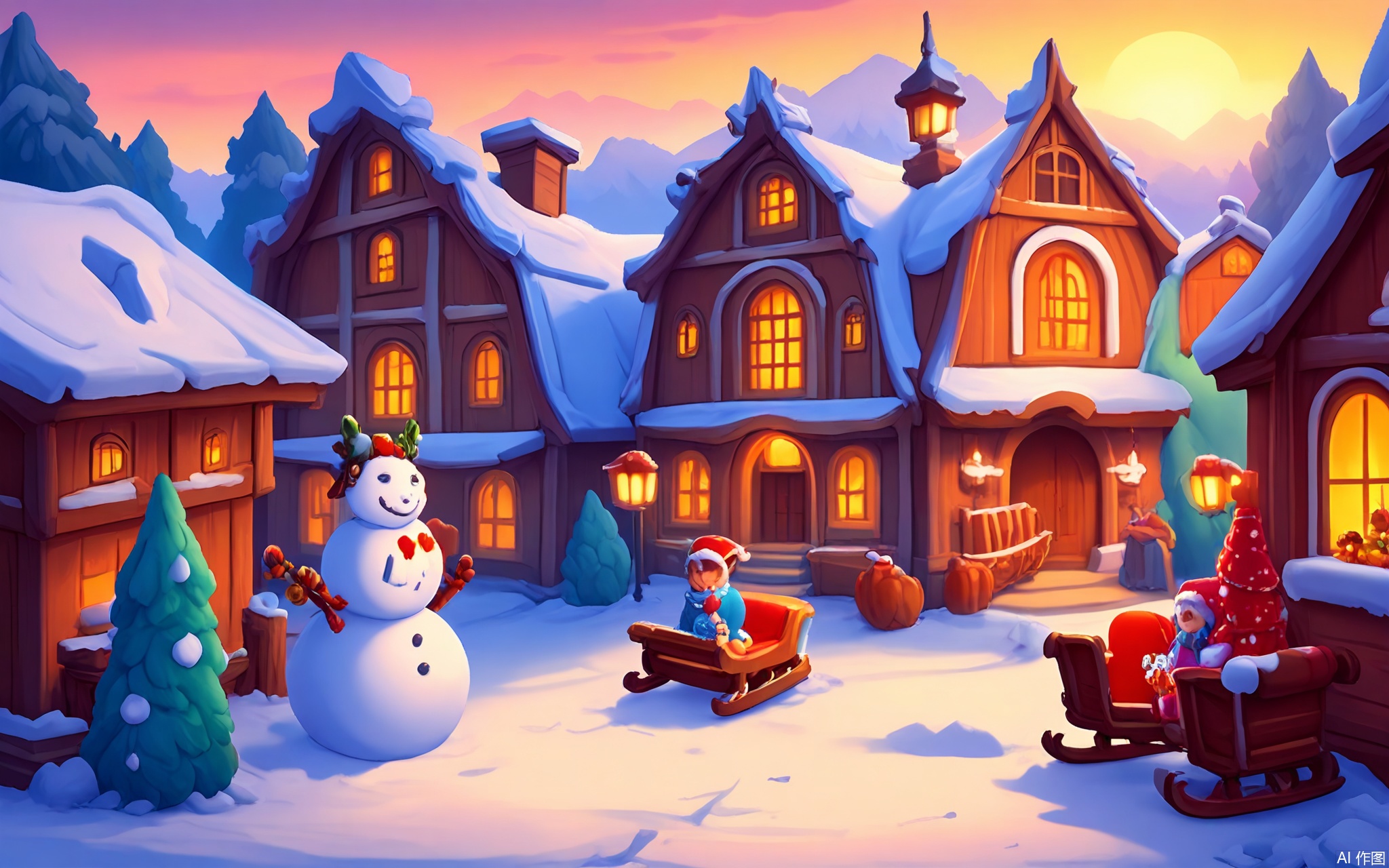 OKCJ, A cozy digital depiction of a snowy alpine village square in cartoon style, under soft winter sunlight. Chalet-style buildings with iced roofs surround a central fire pit, where villagers roast chestnuts. A sleigh with jingling bells waits by a candy-cane lamppost, while children build a snowman wearing a knitted scarf. The scene radiates festive community warmth.

