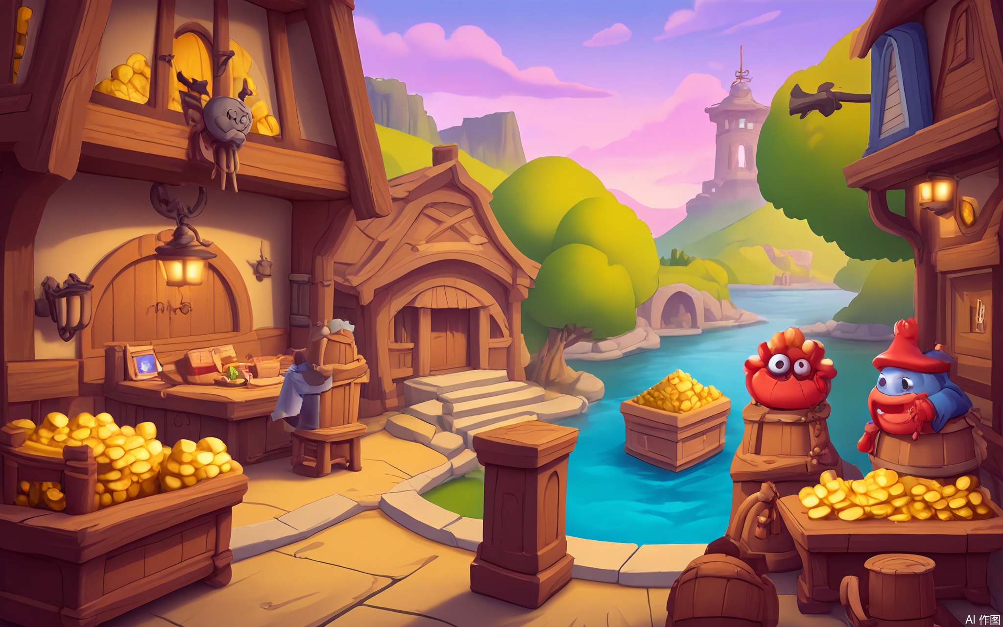 OKCJ, A lively digital scene of a pirate cove harbor at dawn, rendered in vibrant cartoon style. Weathered wooden docks extend into turquoise waters, where fishing boats bob beside a three-masted galleon. Crates of exotic goods, treasure maps, and parrots perch on ropes. A tavern with a weather vane crab adorns the cliffside, exuding salty adventure vibes.
