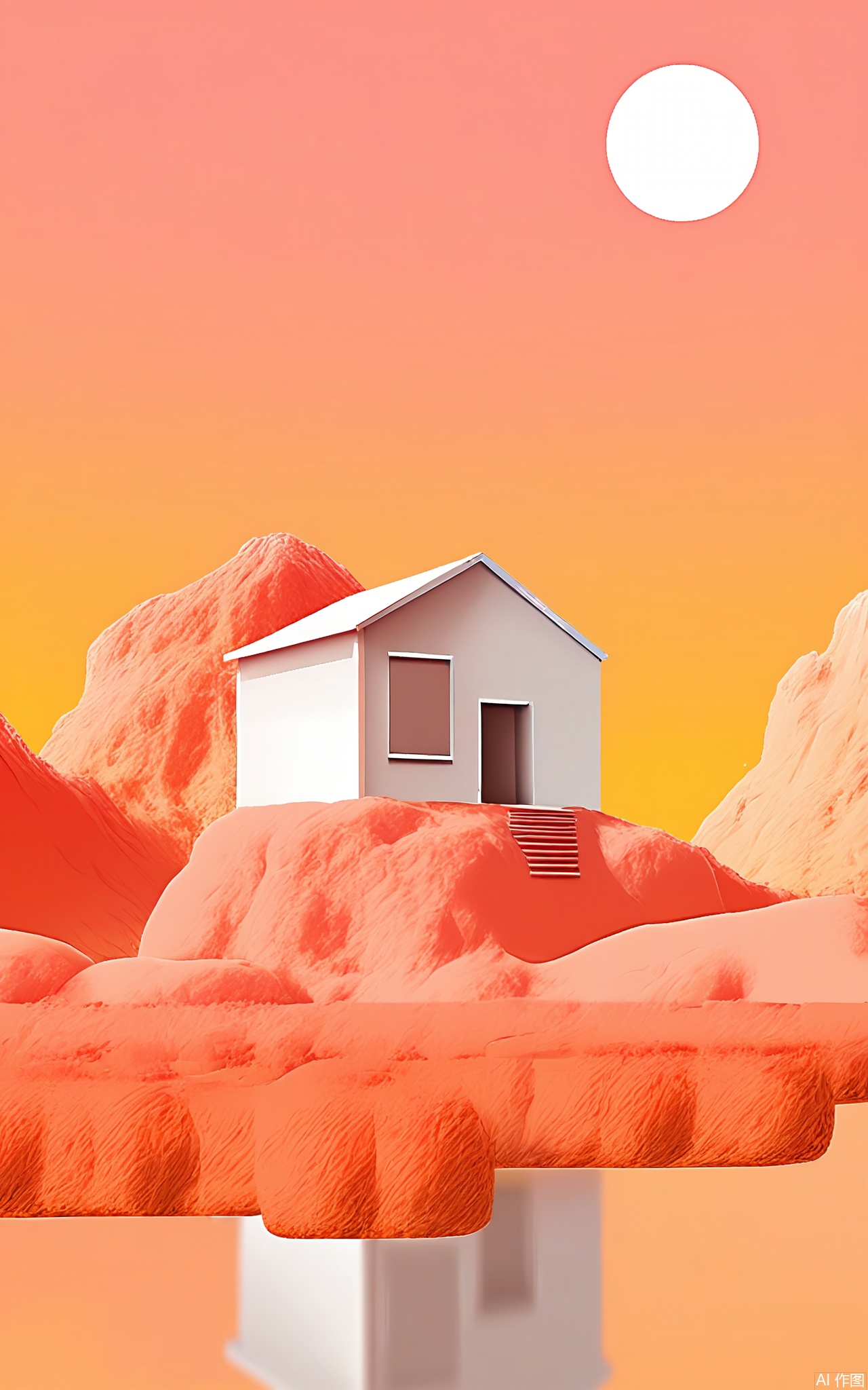 FWG, Digital art, surreal landscape, a small white house with a door and a single step leading up to it, surrounded by rocky mountains and desert-like terrain, vibrant orange and pink hues, a large white sun in the sky, soft pastel colors, smooth textures, reflective surface in the foreground, minimalist style, no people, no watermarks, no text, no shadows, no detailed background elements, no clouds, no vegetation, no sky gradient, no horizon line, no ground texture, no sky texture, no atmospheric perspective, no depth of field, no focal point, no leading lines, no symmetry, no composition, no framing, no perspective, no contrast, no saturation, no saturation, no saturation, no saturation, no saturation, no saturation, no saturation, no saturation, no saturation, no saturation, no saturation, no saturation, no saturation, no saturation, no saturation, no saturation, no saturation, no saturation, no saturation, no saturation, no saturation, no saturation, no saturation, no saturation, no saturation, no saturation, no saturation, no saturation, no saturation, no saturation, no saturation, no saturation, no saturation, no saturation, no saturation, no saturation, no saturation, no saturation, no saturation, no saturation, no saturation, no saturation, no saturation, no saturation, no saturation, no saturation, no saturation, no saturation, no saturation, no saturation, no saturation, no saturation, no saturation, no saturation, no saturation, no
