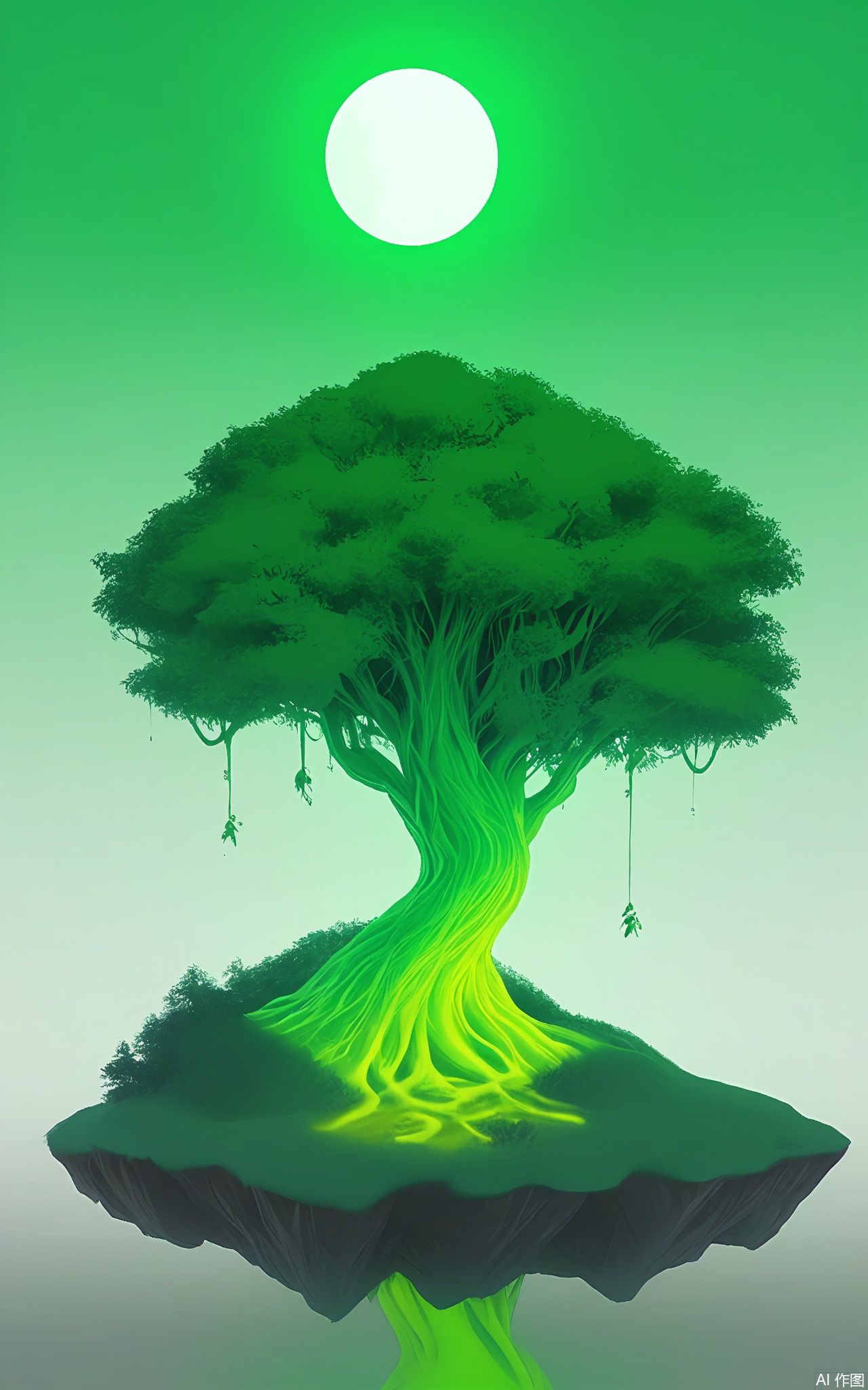 FWG, A surreal, minimalist digital painting of a small, floating island covered in a dense forest of glowing, bioluminescent trees. The island is surrounded by a sea of mist, and the trees emit a soft, green light that illuminates the scene. Above, a large, full moon casts a silvery glow on the forest floor. The style is soft and enchanting, with a focus on the magical beauty of the natural world.
