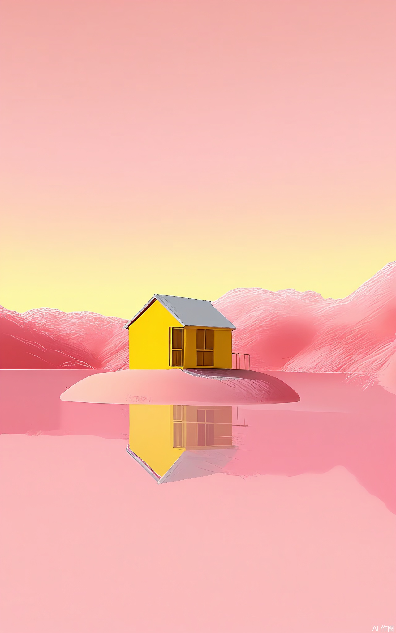 FWG, A surreal, digital artwork featuring a two-story yellow house with a grey roof and white trim, situated in a vast, pink landscape. The house is surrounded by a reflective, pink water body, mirroring the sky. The background showcases a gradient sky transitioning from yellow to pink, with distant, pink mountains. The scene is bathed in warm, soft lighting, creating a dreamlike, peaceful atmosphere. The style is reminiscent of surrealist or fantasy art, with a playful, whimsical tone. The house is centered in the composition, with the water body extending outwards.
