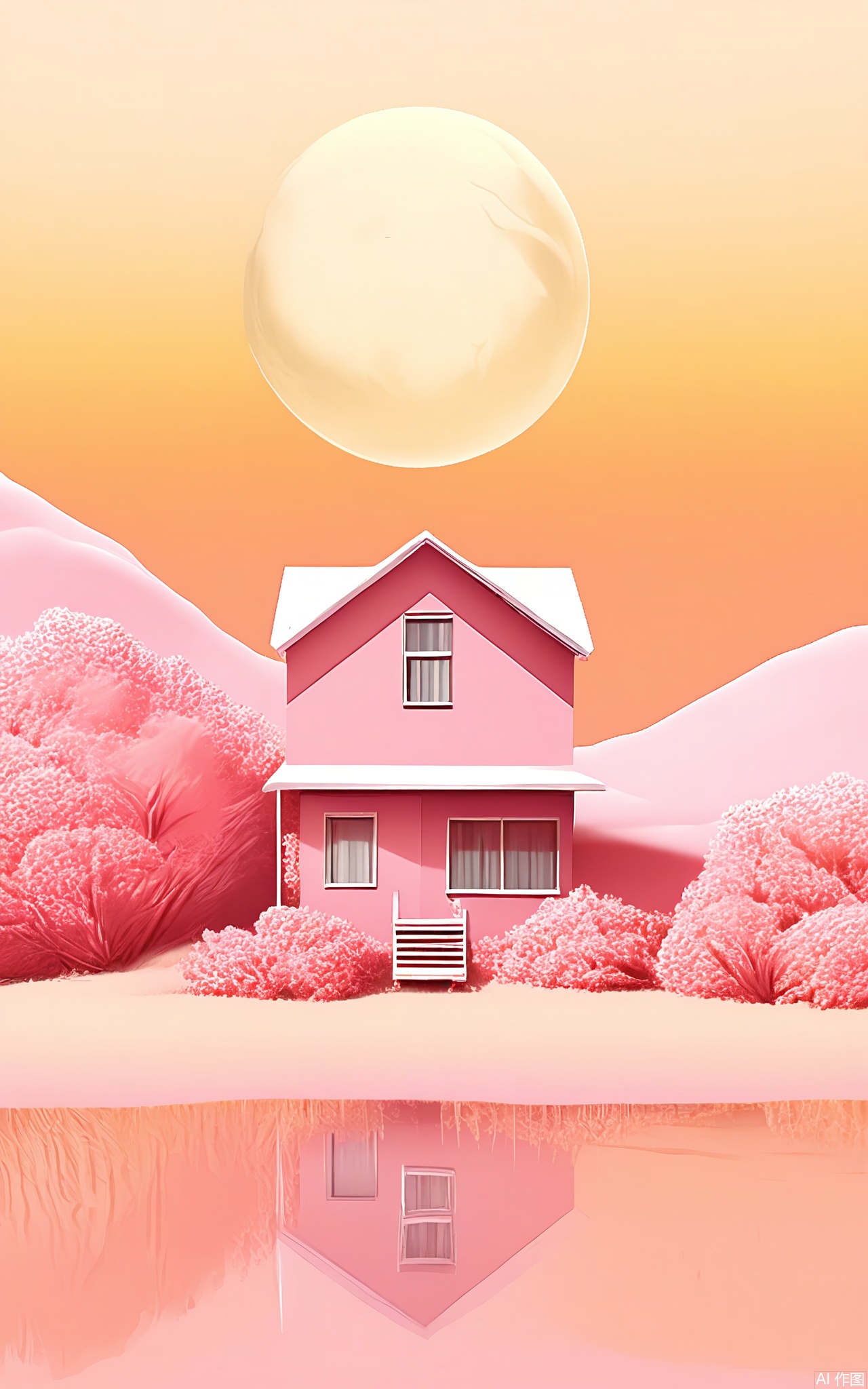 FWG, A surreal, digital art piece featuring a small, pink house with a white roof and chimney, situated in a vast, pink desert. The sky is a gradient of soft pinks and oranges, with a large, pale moon hanging low. The landscape is dotted with small, pink bushes. The overall color palette is pastel and dreamy, with a sense of isolation and calm. The image is highly stylized and abstract, with a whimsical, almost dreamlike quality.
