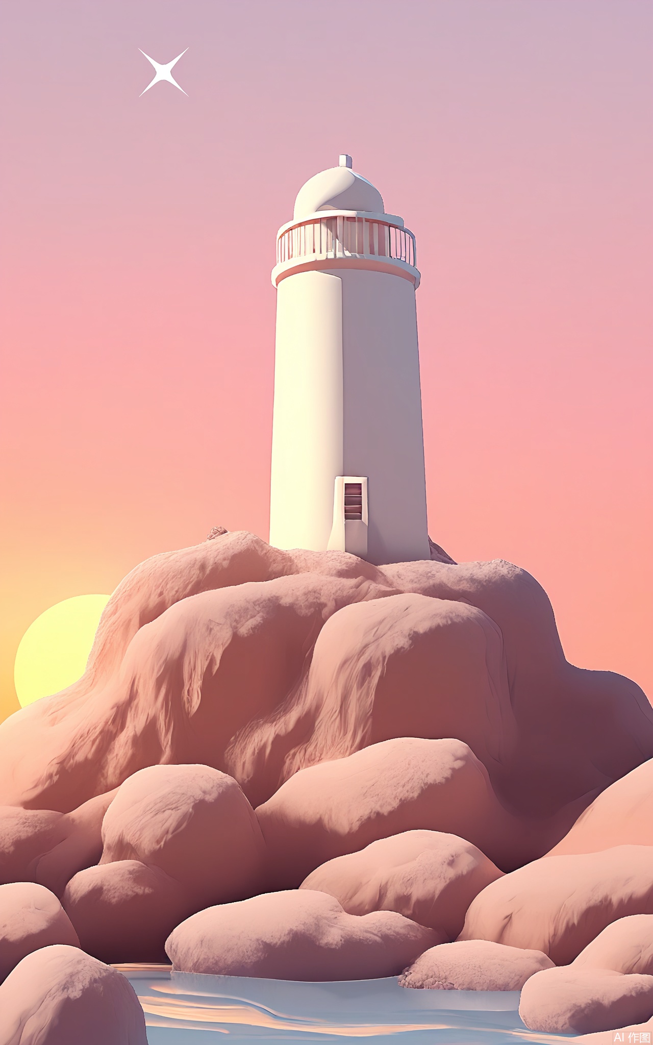 FWG, A surreal, minimalist digital painting of a lone white lighthouse perched on a floating rock in a vast, twilight-hued ocean. The sky transitions from deep indigo to soft lavender, while the water mirrors the celestial palette. A single, distant star twinkles above, and the lighthouse emits a faint, golden glow, casting long shadows on the rock's surface. The style is soft and ethereal, with a delicate balance of light and shadow creating an otherworldly sense of isolation and wonder.
