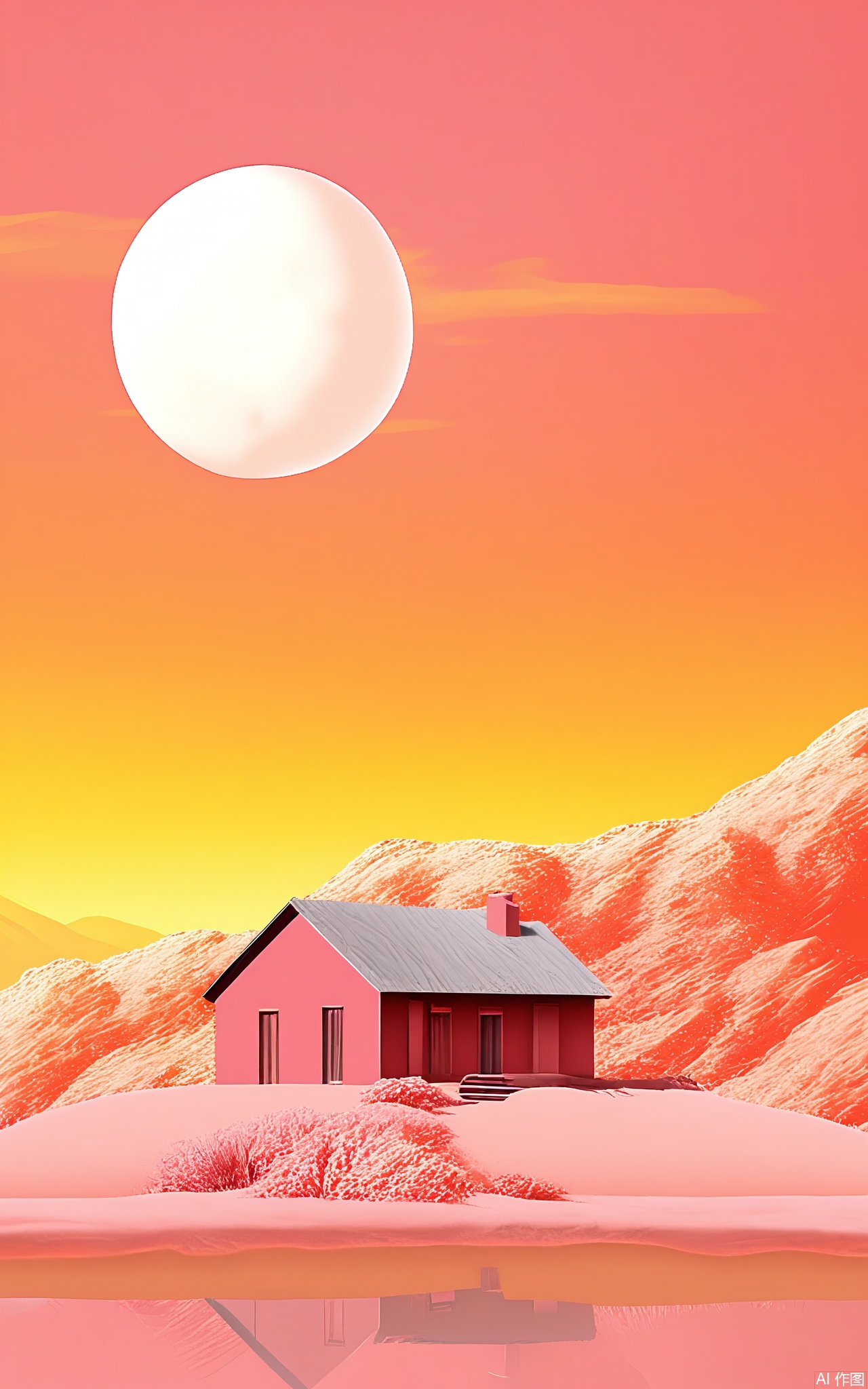 FWG, A surreal, digital art image featuring a lone house in the middle of a vast, red desert landscape. The sky transitions from a warm orange near the horizon to a soft pink higher up, with a large, glowing full moon hanging in the center. The house, small and brown, stands in the foreground, with a narrow path leading to it. The overall color palette is warm and vibrant, with a dreamlike, otherworldly atmosphere. The style is reminiscent of a painting, with smooth, blended colors and a soft, painterly texture.
