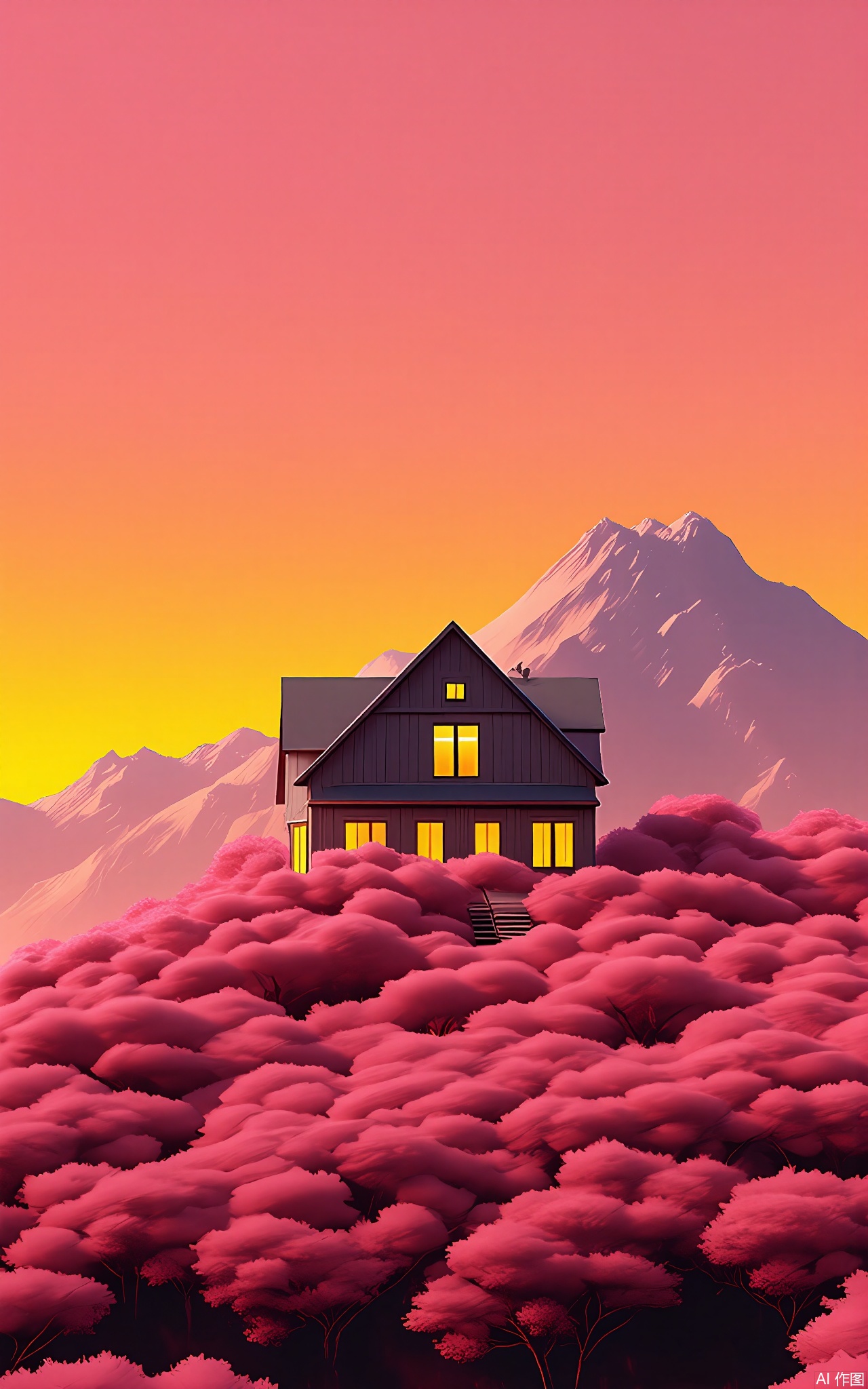 FWG, A serene digital painting of a small wooden cabin nestled in a sea of pink cherry blossoms. The cabin is lit up warmly from inside, contrasting with the soft pastel hues of the surrounding flowers. In the background, majestic snow-capped mountains rise against a vibrant orange and yellow sunset sky. The sky transitions from a deep orange at the horizon to a soft pink higher up. The scene is tranquil and picturesque, with a sense of peace and beauty.