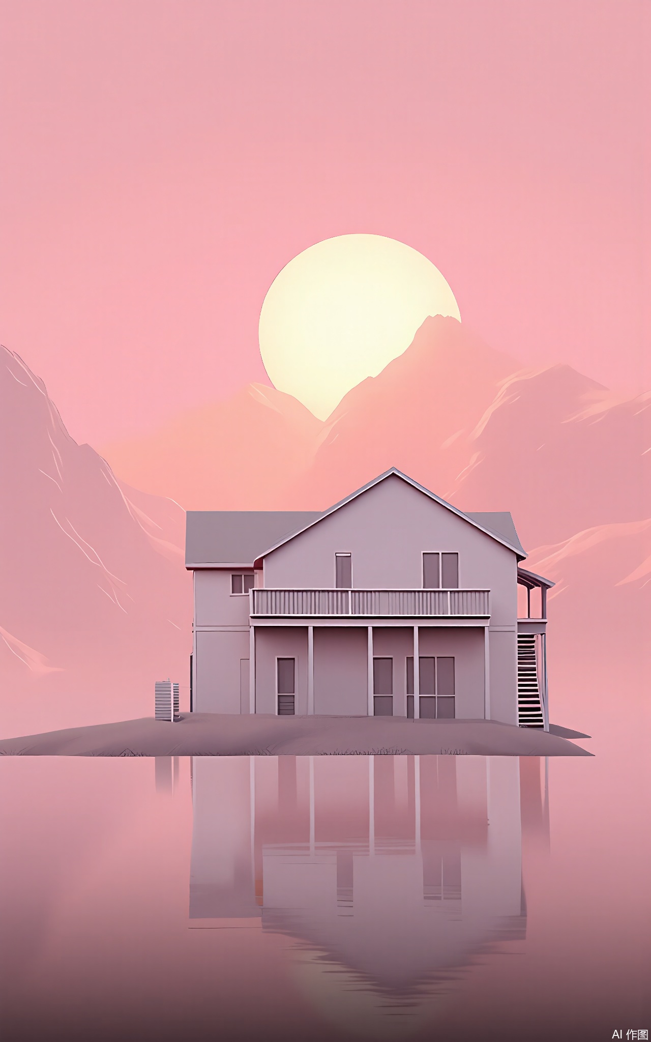FWG, A serene, dreamlike landscape with a large, white house on stilts, surrounded by a misty, pink-hued lake. The background features pink and peach-colored mountains under a soft, pastel sky with a large, glowing full moon. The scene is peaceful and ethereal, with a subtle, nostalgic atmosphere. The house has a simple, modern design, with a balcony on the second floor. The image is a digital artwork with a soft, painterly style.