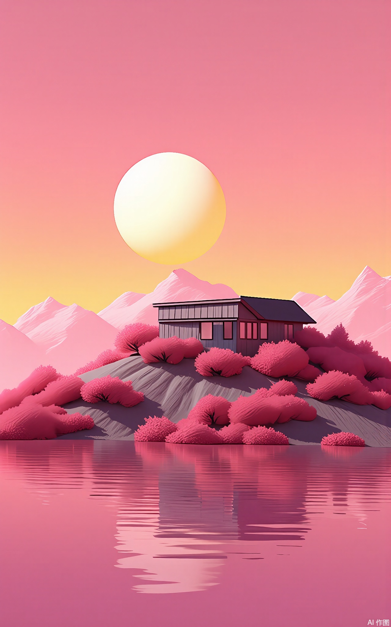 FWG, A serene digital illustration featuring a small, modern house with a flat roof and large windows, situated on a hill overlooking a calm lake. The house is surrounded by vibrant pink trees, creating a striking contrast with the pale pink mountains and a large, glowing sun in the background. The sky is a gradient of soft pinks and oranges, adding to the dreamy atmosphere. The overall color palette is dominated by shades of pink and peach, giving the scene a surreal, almost otherworldly feel. The style is minimalistic and stylized, with smooth lines and soft shading.
