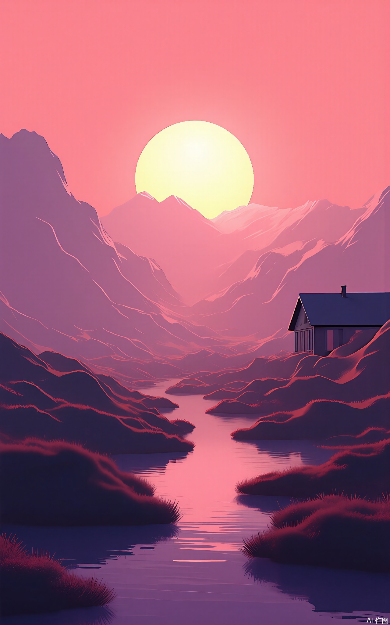 FWG, A serene landscape at sunset, featuring a small, solitary house on the left side, with a narrow, reflective river in the foreground. The sky is a gradient of pink and orange hues, with a large, bright full moon in the center. The mountains in the background are a mix of soft pinks and purples, blending into the sky. The overall atmosphere is peaceful and tranquil, with a sense of calm and solitude. The image is a digital painting with a soft, dreamy style.