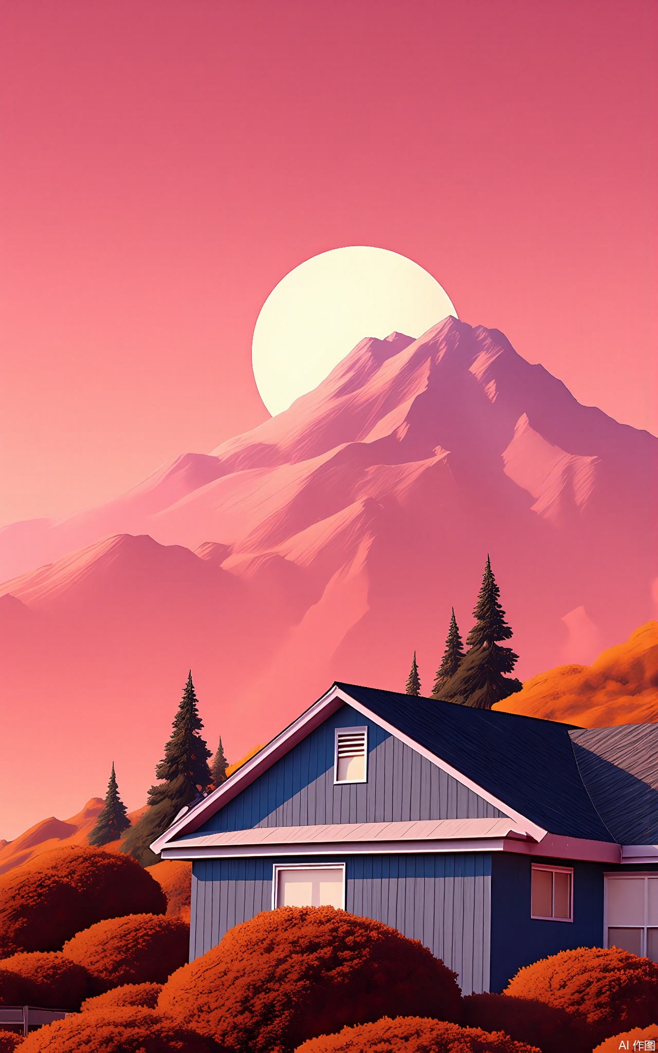 FWG, A digital illustration of a serene, mountainous landscape at sunset, featuring a small, modern house with a blue roof and white walls, nestled among bushes and surrounded by tall, orange-brown trees. The background showcases a large, glowing full moon and a distant, snow-capped mountain range. The sky is a gradient of pink and orange hues, adding a tranquil, dreamlike atmosphere to the scene. The style is reminiscent of a digital painting, with soft, blended colors and a focus on natural beauty and calmness.