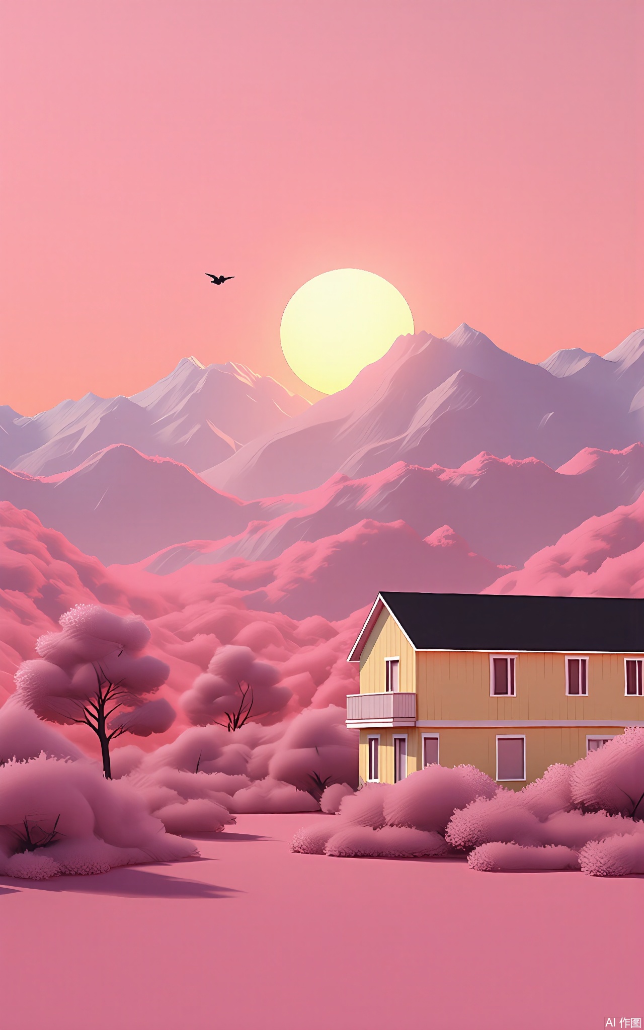 FWG, A serene sunset scene with a large, yellow two-story house in the foreground, partially hidden by pink and white trees. The sky is a gradient of soft pinks and oranges, with a large, pale yellow sun setting behind the mountains in the background. The mountains are covered in a light pink mist, adding to the dreamy atmosphere. A small bird is flying in the sky. The house has a black roof and a small balcony. The overall color palette is soft and pastel, creating a calming and peaceful mood.