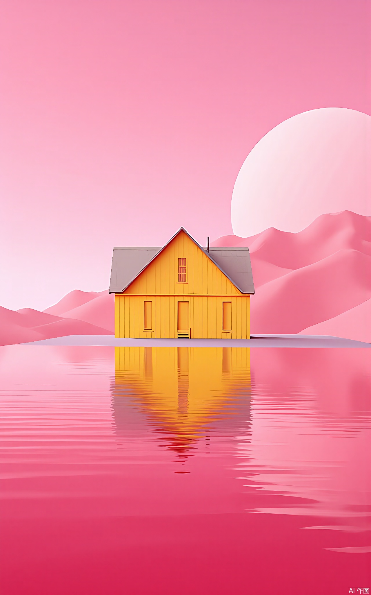 FWG, A surreal, digital artwork featuring a two-story yellow house with a grey roof and white trim, situated in a vast, pink landscape. The house is surrounded by a reflective, pink water body, mirroring the sky. The background showcases a gradient sky transitioning from yellow to pink, with distant, pink mountains. The scene is bathed in warm, soft lighting, creating a dreamlike, peaceful atmosphere. The style is reminiscent of surrealist or fantasy art, with a playful, whimsical tone. The house is centered in the composition, with the water body extending outwards.