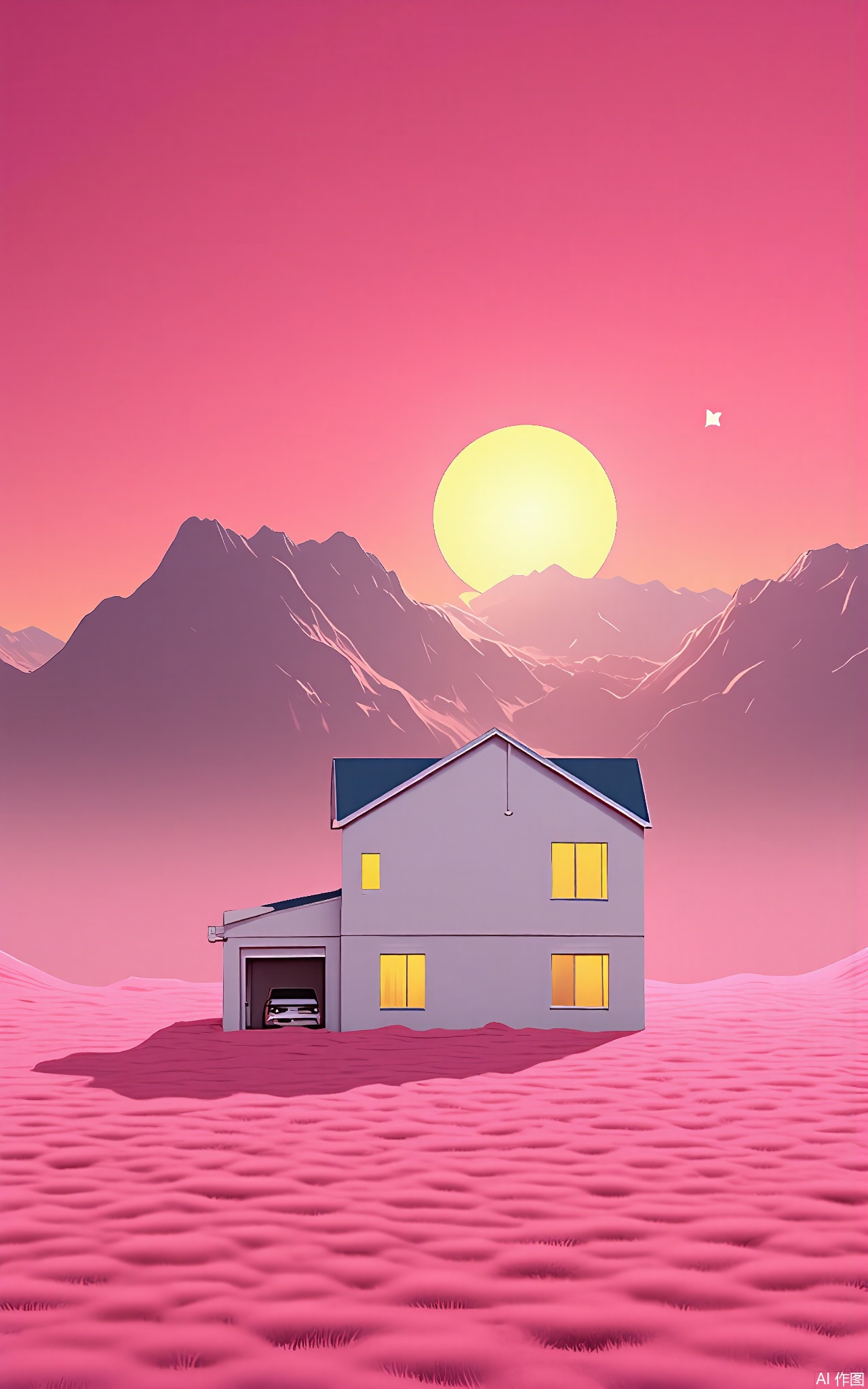FWG, A surreal, digital artwork featuring a small white house with a blue roof and a garage, surrounded by pink, fluffy grass. The sky transitions from a deep pink at the horizon to a bright yellow near the top, with a large, glowing yellow sun. In the background, there are silhouetted, misty mountains. The scene is whimsical and dreamlike, with a soft, pastel color palette.