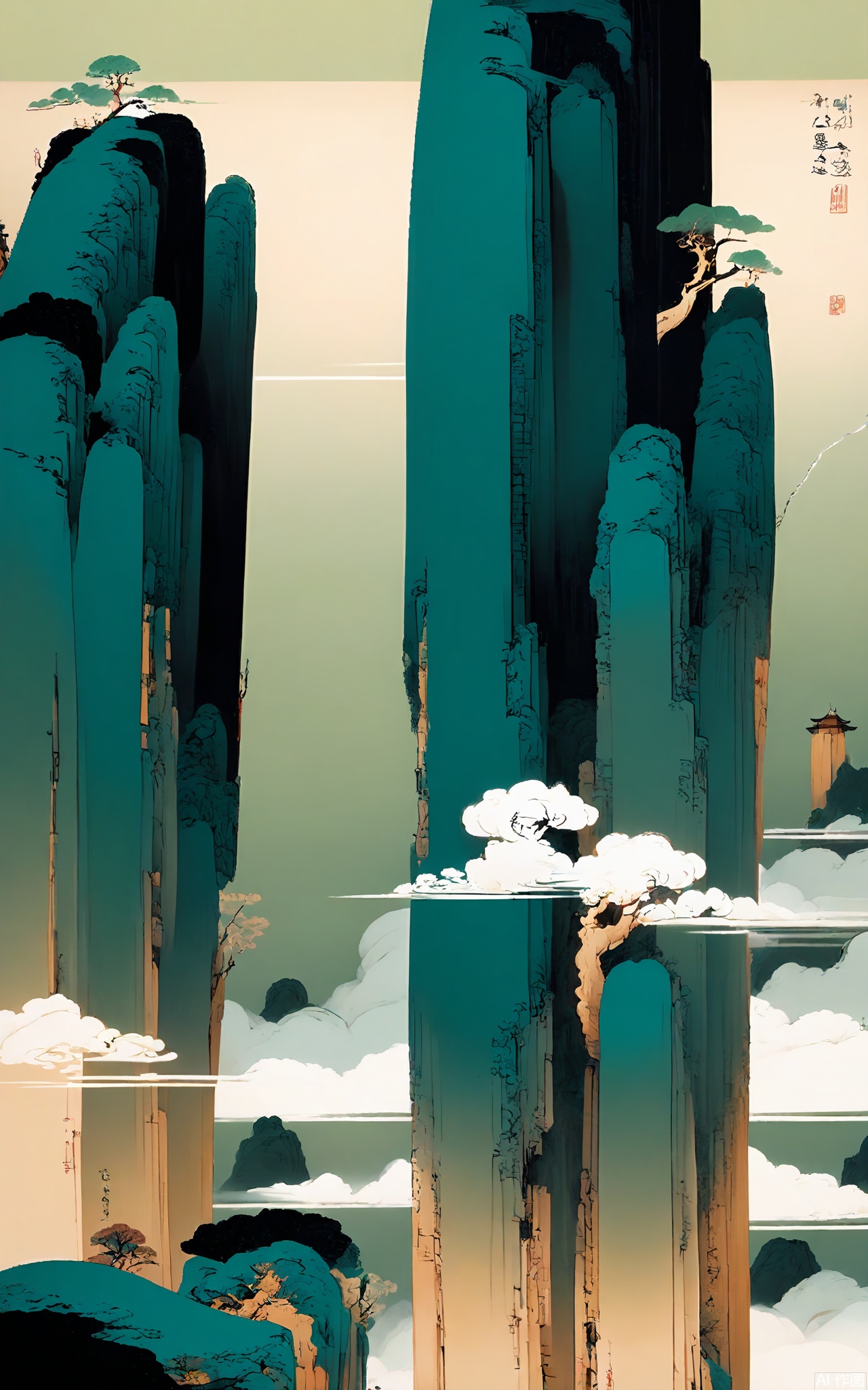 SSH, A surreal, abstract digital illustration of a small, wooden temple hidden among the trees on a mountain slope. The temple has a light brown color, and the trees are a mix of green and brown. The temple is surrounded by soft, green clouds of foliage and set against a pale green sky. The temple's roof is curved, and its walls are simple, with a sense of ancient tranquility. The style is reminiscent of a dreamlike, almost ethereal, traditional Chinese religious - themed painting with a minimalist and modern aesthetic. The overall composition is balanced, with the temple taking up most of the frame, and the trees and clouds adding a sense of scale and depth.

