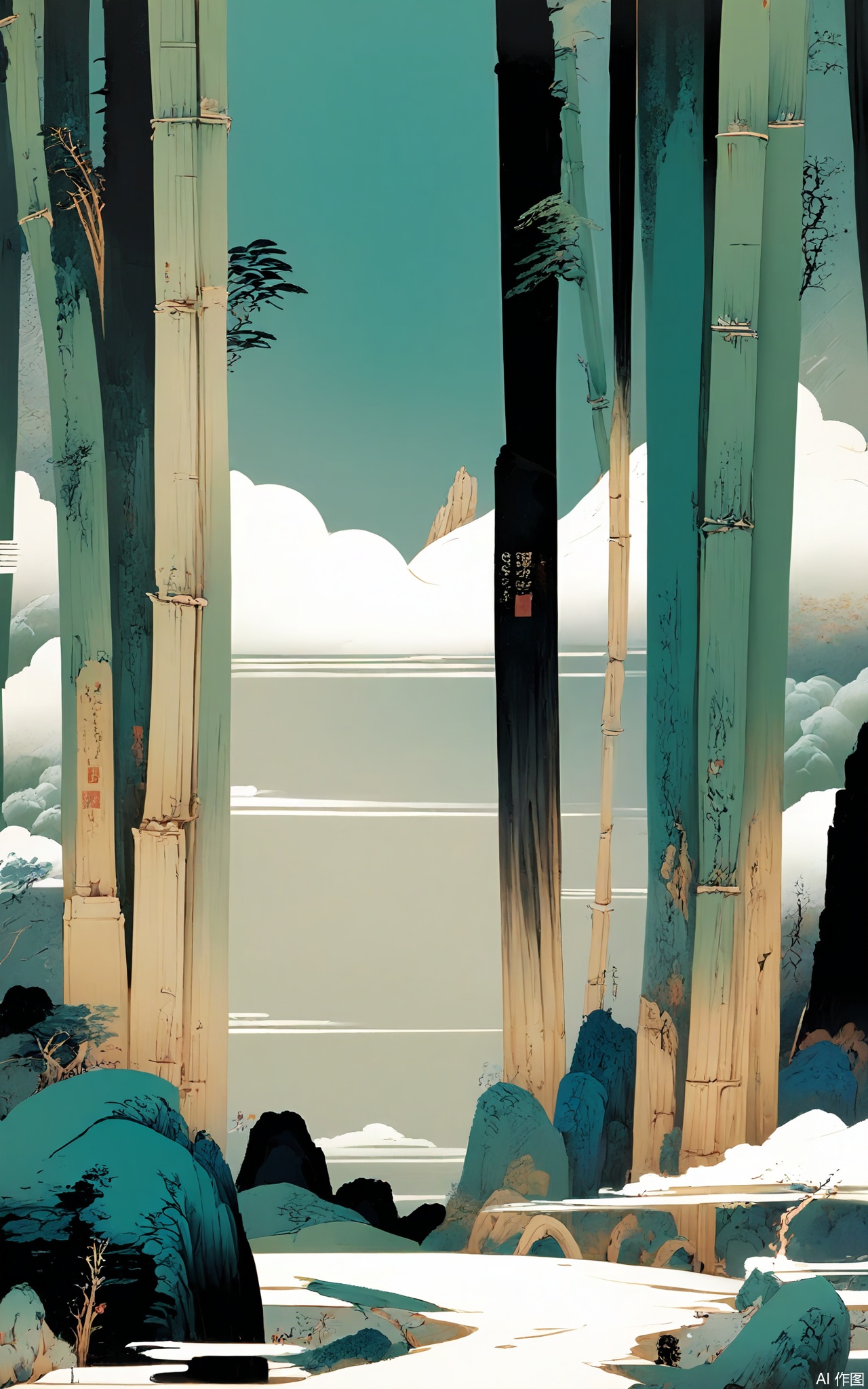 SSH, A surreal, abstract digital illustration of a winding, stone - paved path through a bamboo forest. The path has a light gray color, and the bamboo stalks are a fresh green. The path is surrounded by thick, green clouds of bamboo leaves and set against a pale green sky. The bamboo stalks are of varying heights and thicknesses, some leaning over the path as if to welcome visitors. The style is reminiscent of a dreamlike, almost ethereal, traditional Chinese bamboo painting with a minimalist and modern aesthetic. The overall composition is balanced, with the path and bamboo taking up most of the frame, and the leaves adding a sense of scale and depth.

