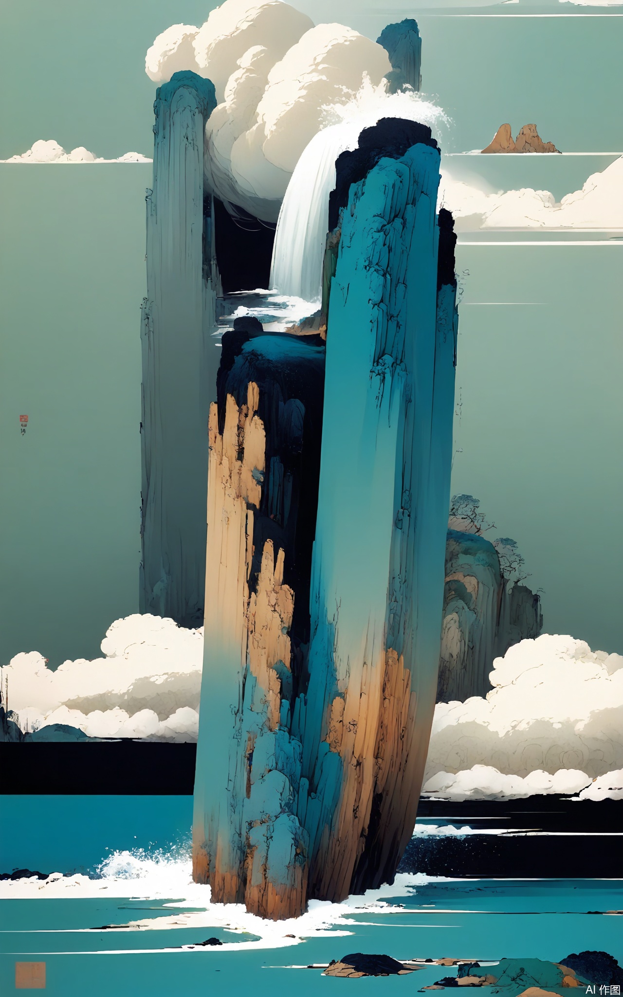 SSH, A surreal, abstract digital illustration of a large, ancient waterfall cascading down a steep cliff. The waterfall has a white color, and the cliff is a dark gray. It is surrounded by thick, white clouds of mist and set against a pale blue - green sky. The waterfall is powerful, with water splashing everywhere, and the cliff is rugged and imposing. The style is reminiscent of a dreamlike, almost ethereal, traditional Chinese landscape - with - waterfall painting with a minimalist and modern aesthetic. The overall composition is balanced, with the waterfall taking up most of the frame, and the cliff and clouds adding a sense of scale and depth.

