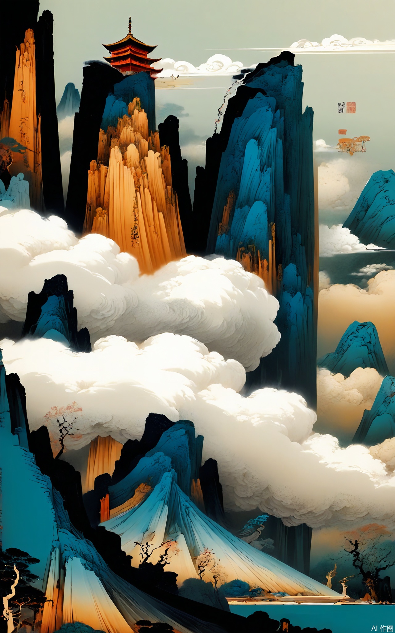 SSH, A surreal, abstract digital illustration of a large, ancient pagoda in a misty forest. The pagoda has a red - brown color, and the forest is filled with green trees. The pagoda is surrounded by soft, white clouds that seem to blend with the forest mist and set against a pale green sky. The pagoda has multiple stories, with curved roofs and decorative elements. The style is reminiscent of a dreamlike, almost ethereal, traditional Chinese architectural - landscape painting with a minimalist and modern aesthetic. The overall composition is balanced, with the pagoda taking up most of the frame, and the forest and clouds adding a sense of scale and depth.

