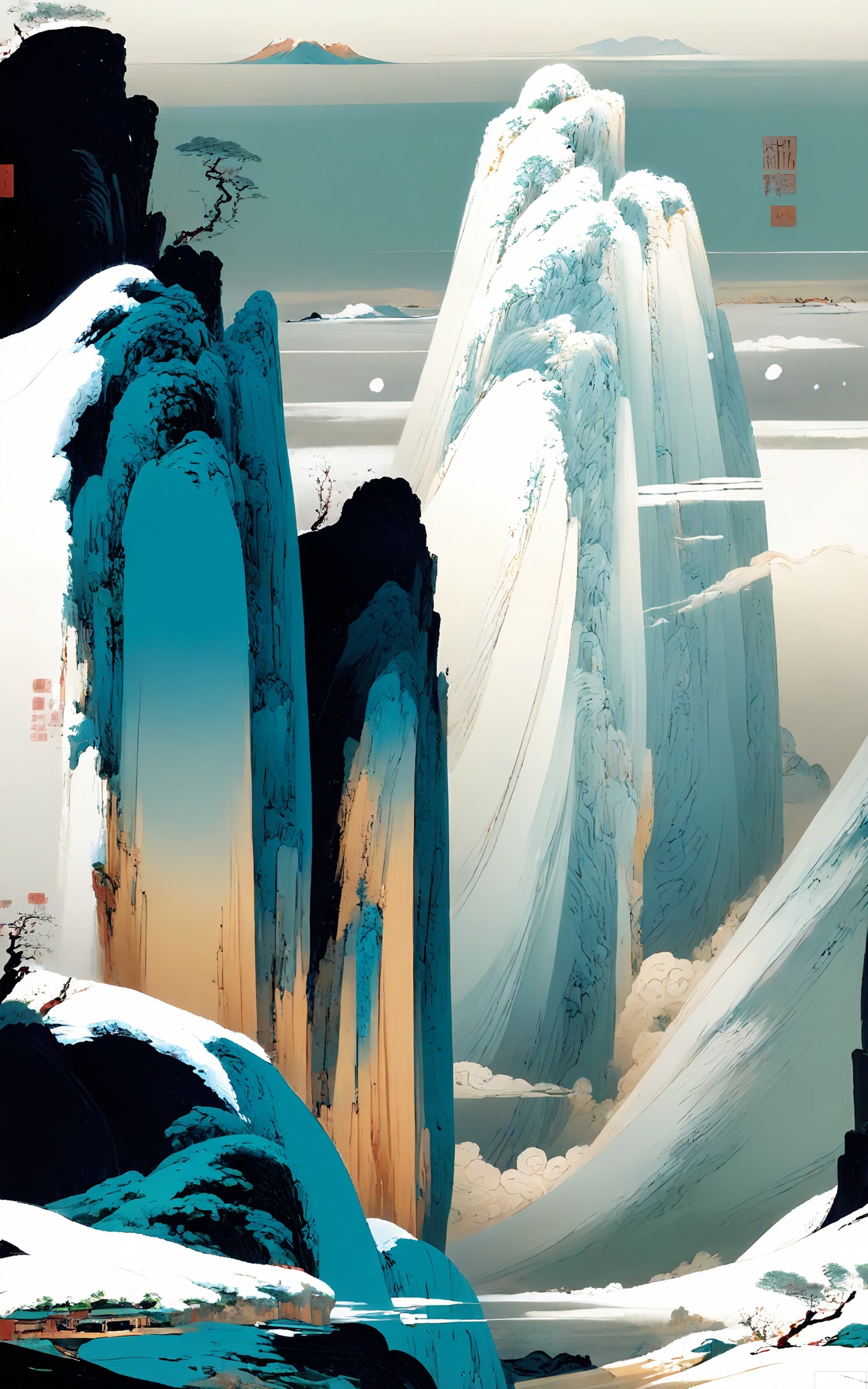 SSH, A surreal, abstract digital illustration of a high - altitude mountain peak covered in snow. The peak has a bright white color, and the sky around it is a deep blue. The peak is surrounded by thin, white clouds that seem to wrap around it and set against a pale blue - white sky. The mountain is steep and rugged, with some ice formations on the slopes. The style is reminiscent of a dreamlike, almost ethereal, traditional Chinese mountain - landscape painting with a minimalist and modern aesthetic. The overall composition is balanced, with the mountain peak taking up most of the frame, and the clouds and sky adding a sense of scale and depth.

