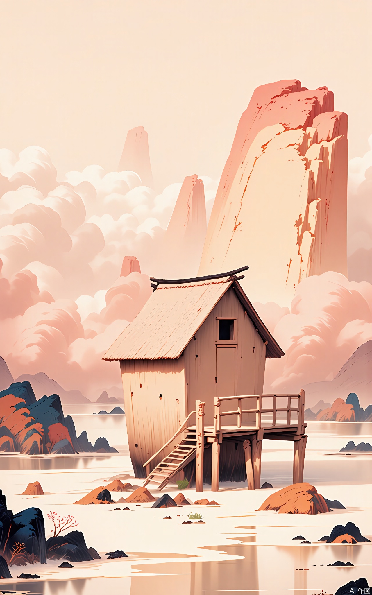 SSH, A surreal, abstract digital illustration of a small, thatched - roof pavilion perched on the edge of a serene lake. The pavilion has a light brown color, like the wood it's made of. It is surrounded by soft, pinkish clouds that reflect in the calm lake and set against a pale peach sky. The pavilion is constructed of simple wooden beams and posts, some with weathered marks, arranged in a traditional Chinese architectural style. The style is reminiscent of a dreamlike, almost ethereal, traditional Chinese water - color painting with a minimalist and modern aesthetic. The overall composition is balanced, with the pavilion taking up most of the frame, and the lake and clouds adding a sense of scale and depth.



