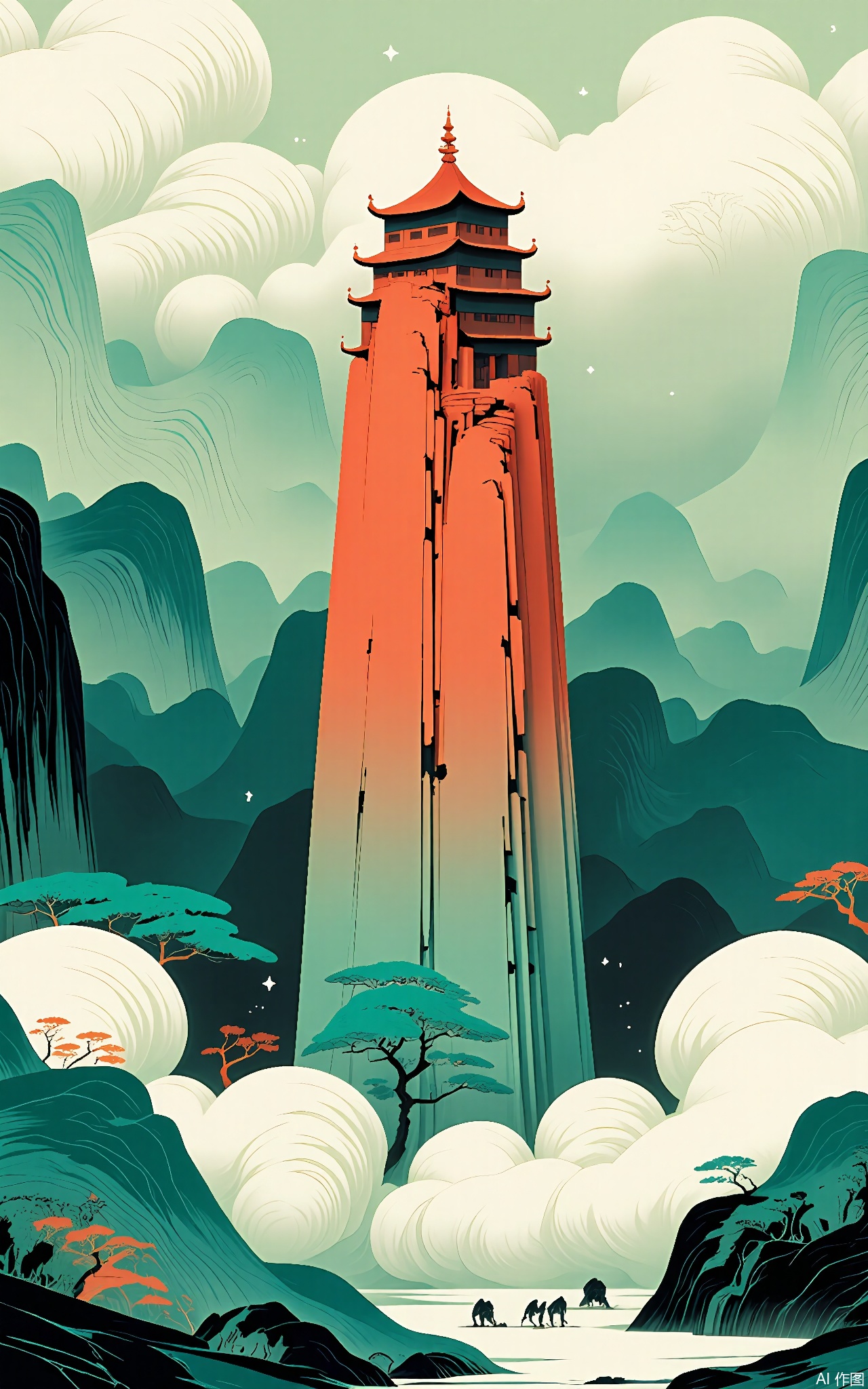 SSH, A surreal, abstract digital illustration of a large, ancient pagoda in a misty forest. The pagoda has a red - brown color, and the forest is filled with green trees. The pagoda is surrounded by soft, white clouds that seem to blend with the forest mist and set against a pale green sky. The pagoda has multiple stories, with curved roofs and decorative elements. The style is reminiscent of a dreamlike, almost ethereal, traditional Chinese architectural - landscape painting with a minimalist and modern aesthetic. The overall composition is balanced, with the pagoda taking up most of the frame, and the forest and clouds adding a sense of scale and depth.

