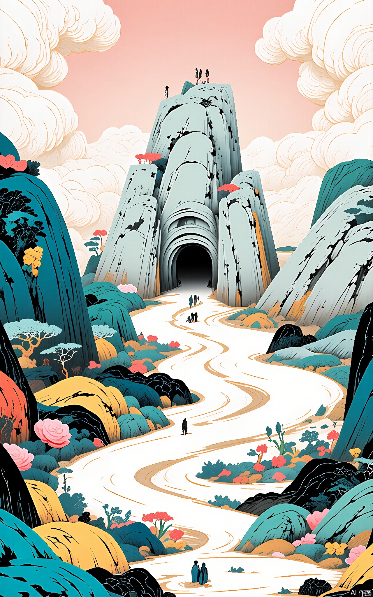 SSH, A surreal, abstract digital illustration of a winding, stone - walled corridor in an ancient garden. The corridor has a gray - white color, and the garden is filled with colorful flowers and green plants. The corridor is surrounded by thin, white clouds that seem to drift through the garden and set against a pale pink sky. The corridor is lined with stone pillars, and some parts are covered with vines. The style is reminiscent of a dreamlike, almost ethereal, traditional Chinese garden - themed painting with a minimalist and modern aesthetic. The overall composition is balanced, with the corridor taking up most of the frame, and the garden and clouds adding a sense of scale and depth.




