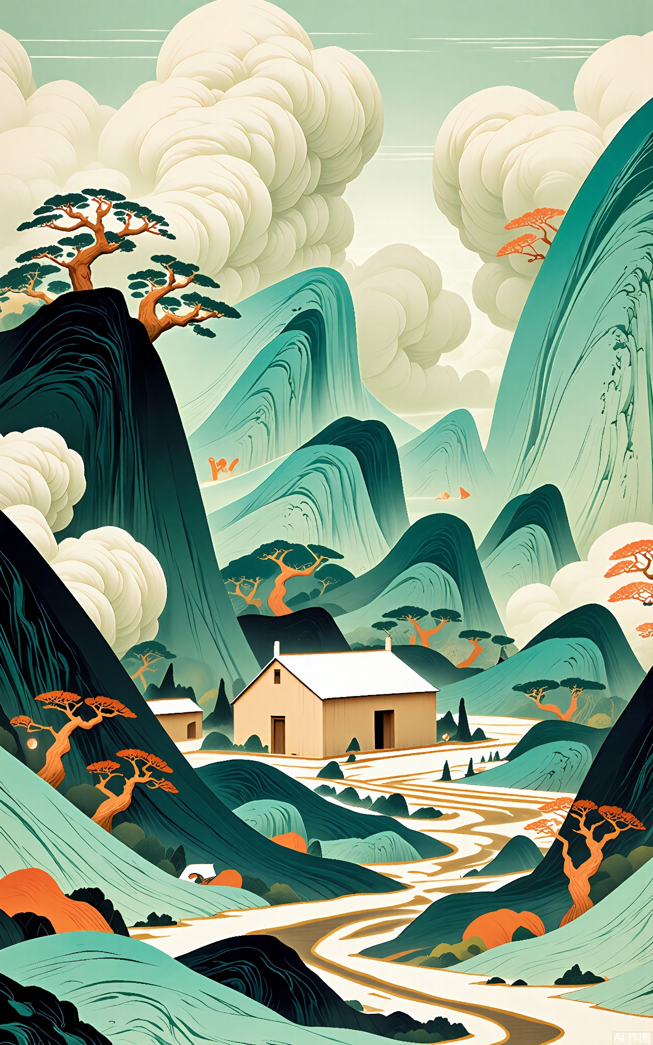 SSH, A surreal, abstract digital illustration of a small, wooden temple hidden among the trees on a mountain slope. The temple has a light brown color, and the trees are a mix of green and brown. The temple is surrounded by soft, green clouds of foliage and set against a pale green sky. The temple's roof is curved, and its walls are simple, with a sense of ancient tranquility. The style is reminiscent of a dreamlike, almost ethereal, traditional Chinese religious - themed painting with a minimalist and modern aesthetic. The overall composition is balanced, with the temple taking up most of the frame, and the trees and clouds adding a sense of scale and depth.



