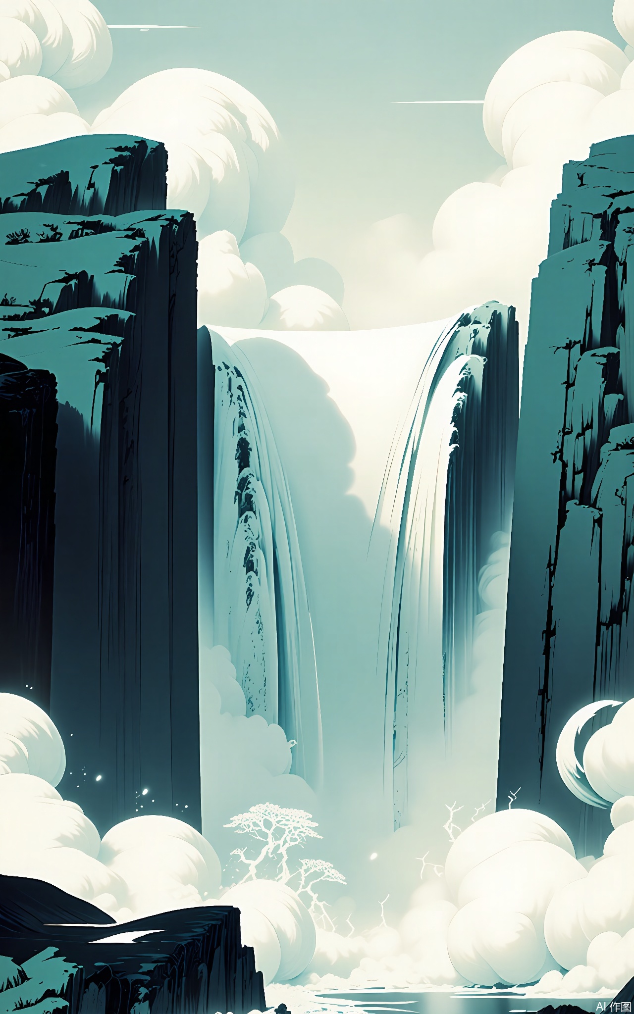 SSH, A surreal, abstract digital illustration of a large, ancient waterfall cascading down a steep cliff. The waterfall has a white color, and the cliff is a dark gray. It is surrounded by thick, white clouds of mist and set against a pale blue - green sky. The waterfall is powerful, with water splashing everywhere, and the cliff is rugged and imposing. The style is reminiscent of a dreamlike, almost ethereal, traditional Chinese landscape - with - waterfall painting with a minimalist and modern aesthetic. The overall composition is balanced, with the waterfall taking up most of the frame, and the cliff and clouds adding a sense of scale and depth.






