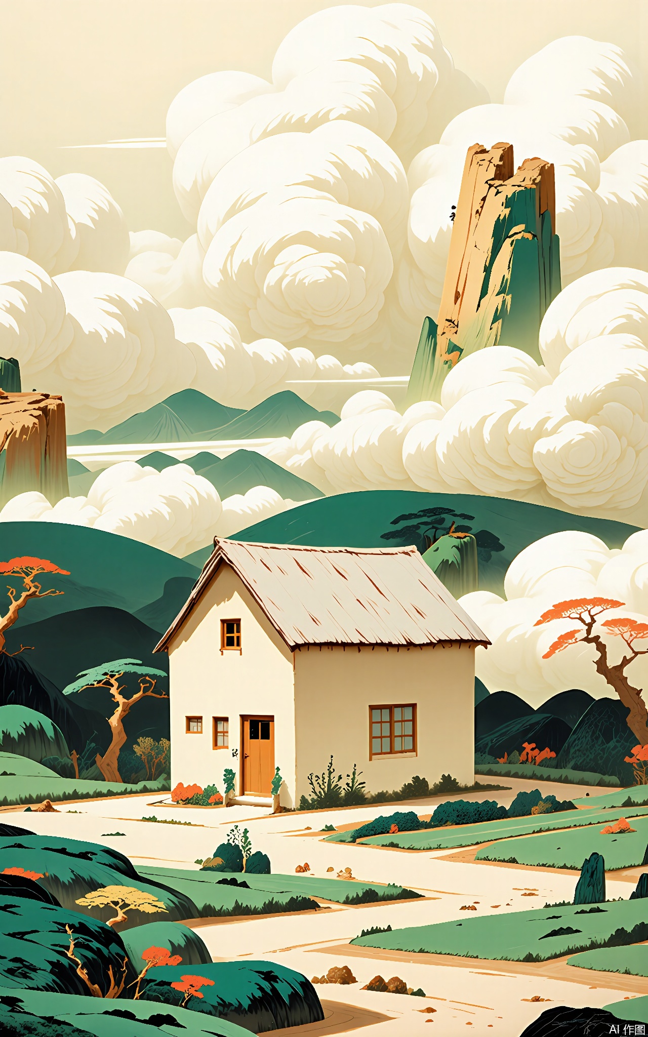SSH, A surreal, abstract digital illustration of a small, thatched - roof cottage in a quiet village. The cottage has a light brown color, and the village is surrounded by green fields and trees. The cottage is surrounded by soft, white clouds that seem to float above the village and set against a pale yellow sky. The cottage has a small garden in front, with flowers blooming. The style is reminiscent of a dreamlike, almost ethereal, traditional Chinese rural - life painting with a minimalist and modern aesthetic. The overall composition is balanced, with the cottage taking up most of the frame, and the village and clouds adding a sense of scale and depth.







