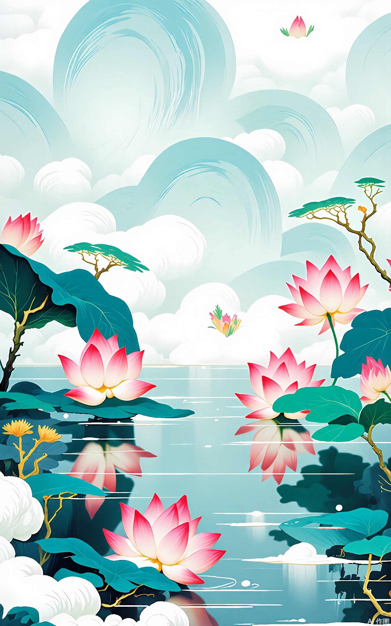 SSH, A surreal, abstract digital illustration of a group of lotus flowers blooming in a tranquil pond. The lotus flowers have pink and white petals, and the leaves are a deep green. The pond is surrounded by soft, white clouds that reflect in the water and set against a pale blue sky. The lotus flowers are arranged in a natural, harmonious way, with some still in bud and others in full bloom. The style is reminiscent of a dreamlike, almost ethereal, traditional Chinese flower painting with a minimalist and modern aesthetic. The overall composition is balanced, with the lotus flowers taking up most of the frame, and the pond and clouds adding a sense of scale and depth.

