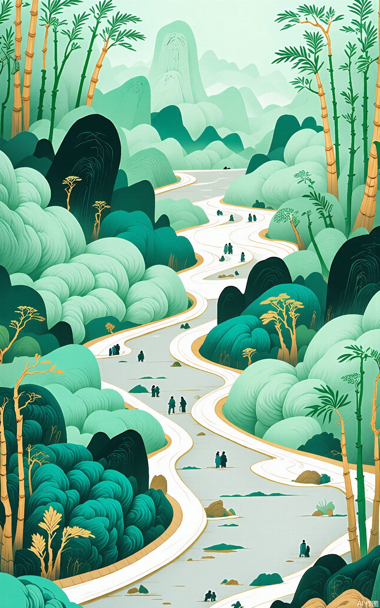 SSH, A surreal, abstract digital illustration of a winding, stone - paved path through a bamboo forest. The path has a light gray color, and the bamboo stalks are a fresh green. The path is surrounded by thick, green clouds of bamboo leaves and set against a pale green sky. The bamboo stalks are of varying heights and thicknesses, some leaning over the path as if to welcome visitors. The style is reminiscent of a dreamlike, almost ethereal, traditional Chinese bamboo painting with a minimalist and modern aesthetic. The overall composition is balanced, with the path and bamboo taking up most of the frame, and the leaves adding a sense of scale and depth.





