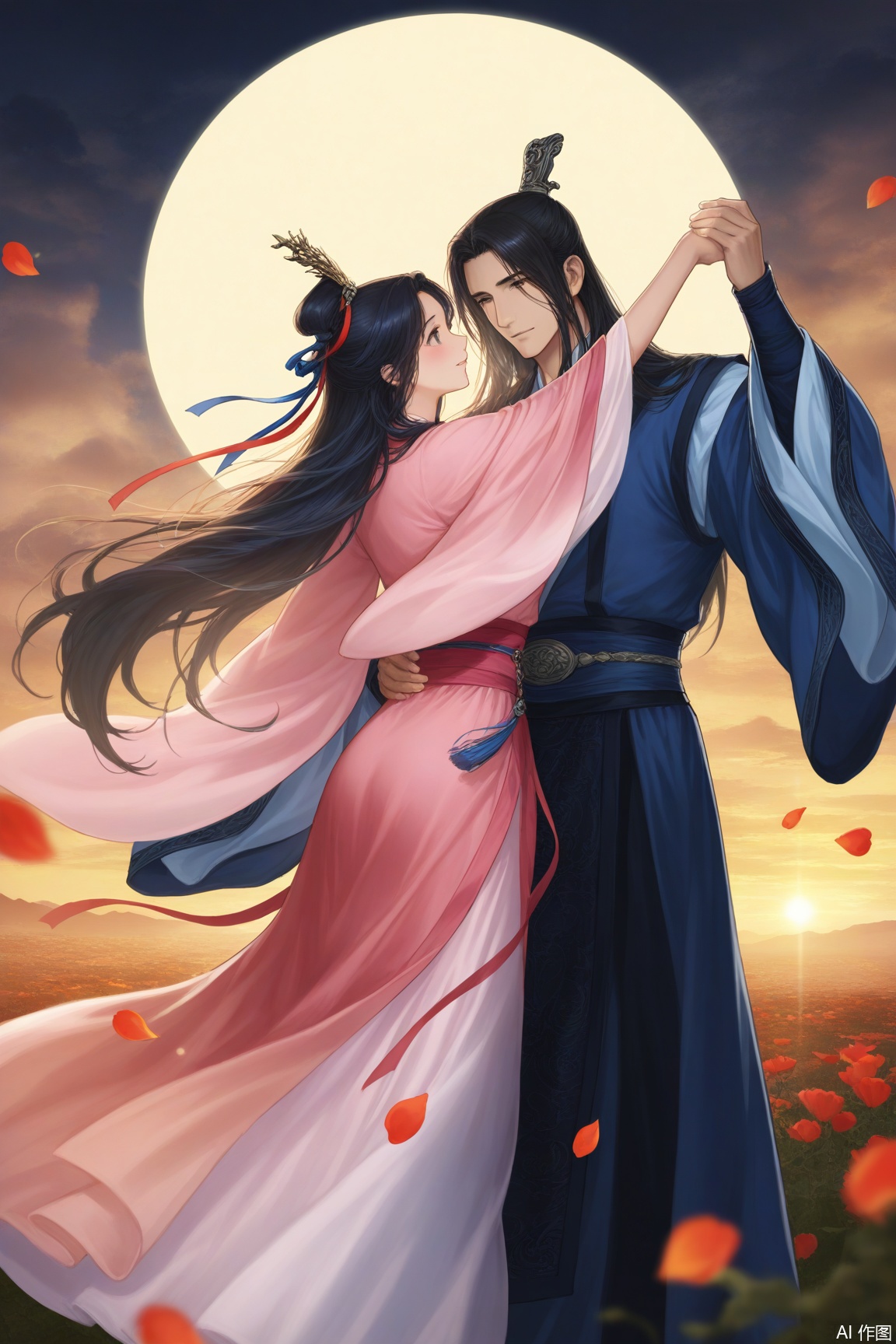 In a scene inspired by Chinese mythology,  a boy and a girl embrace in the sky on Valentine's Day,  with majestic mountain...