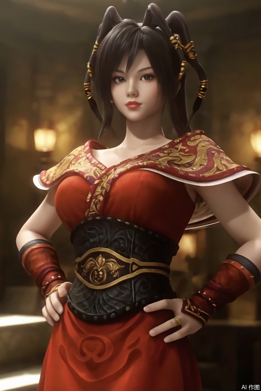 score_9_up , 1girl, solo, black hair, hair ornament, dress, indoors, hand on hip, red dress, bracer,ChiLian